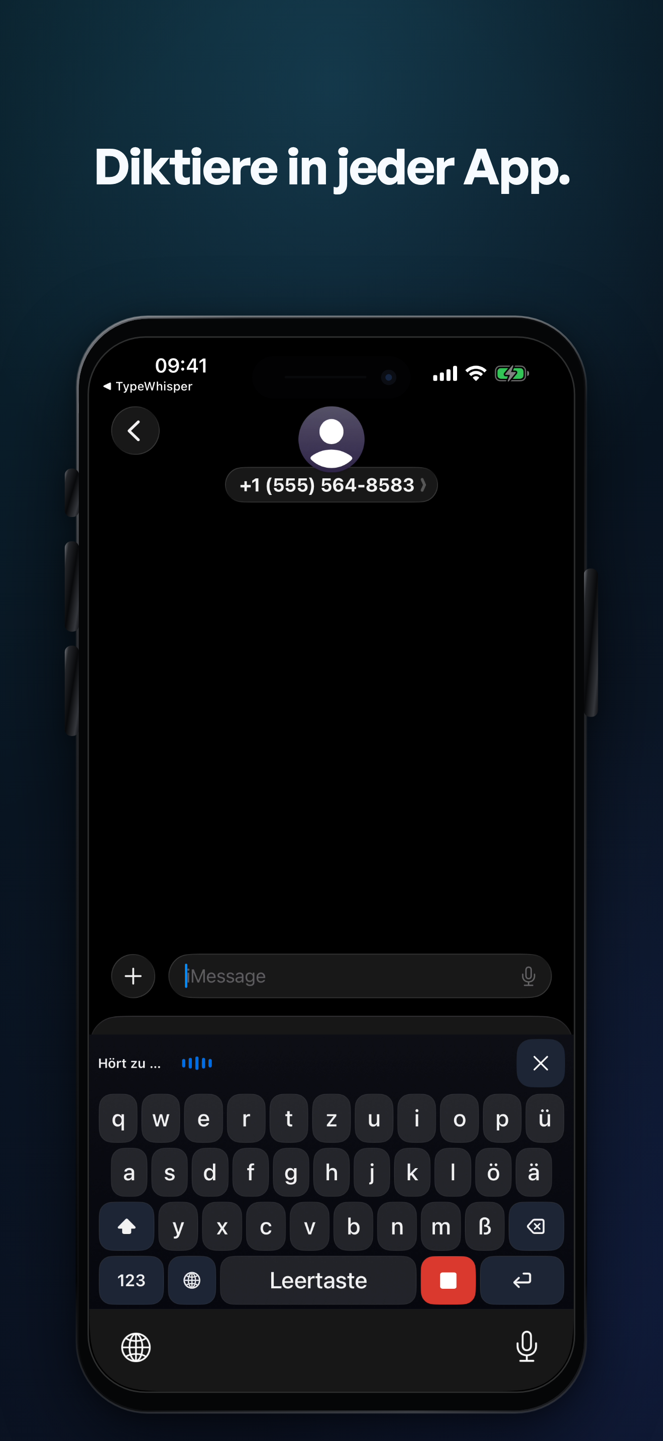TypeWhisper-Diktier-Tastatur in einem iPhone-Textfeld