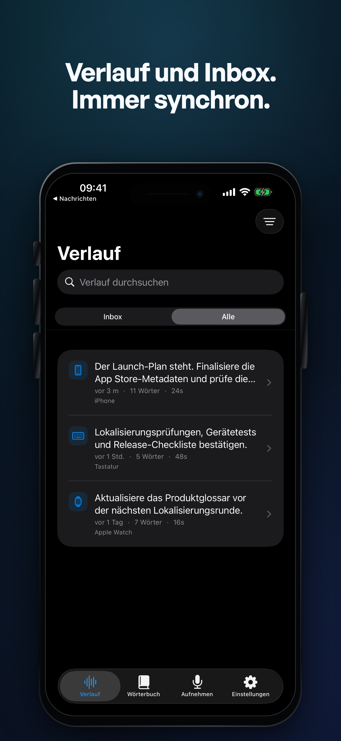 TypeWhisper-Verlauf und Capture Inbox auf dem iPhone