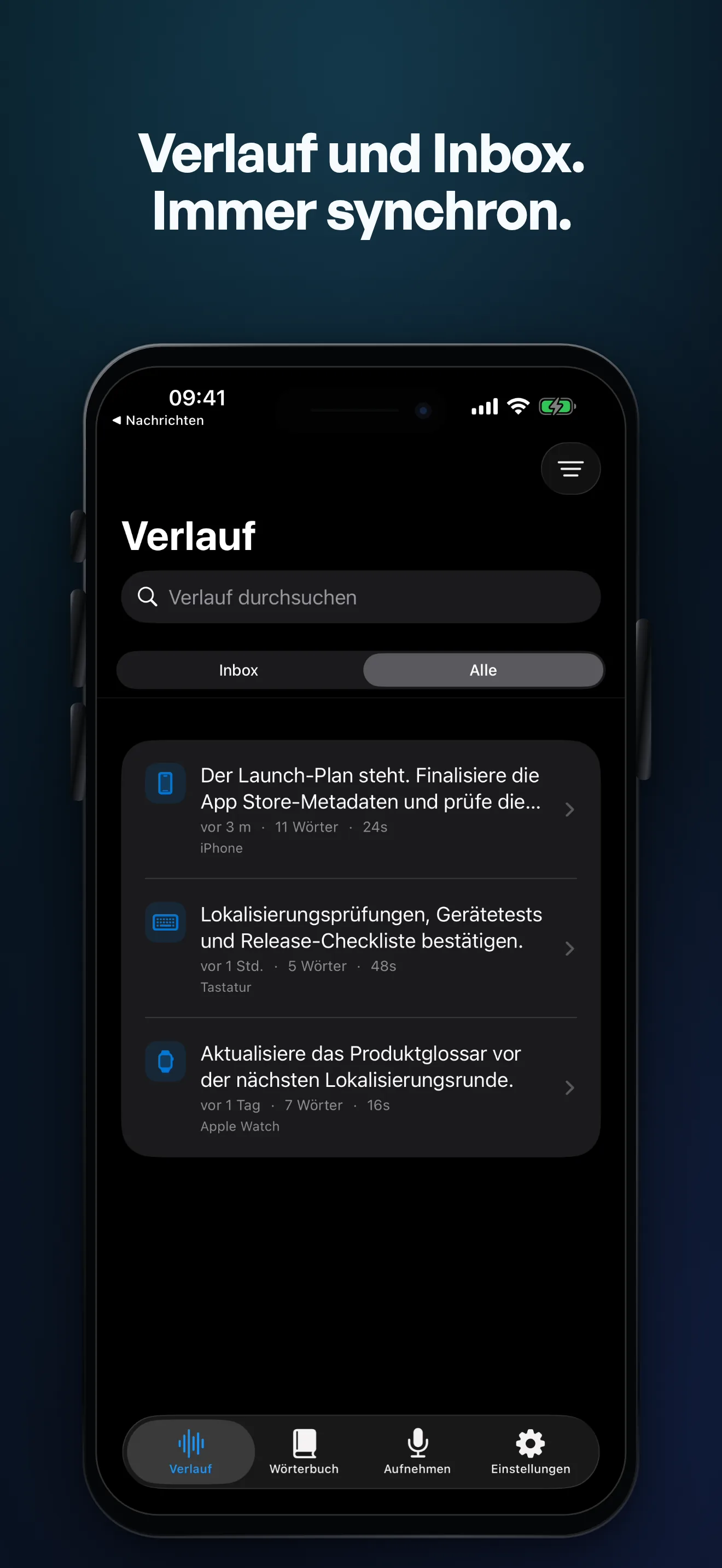 TypeWhisper-Verlauf und Capture Inbox auf dem iPhone