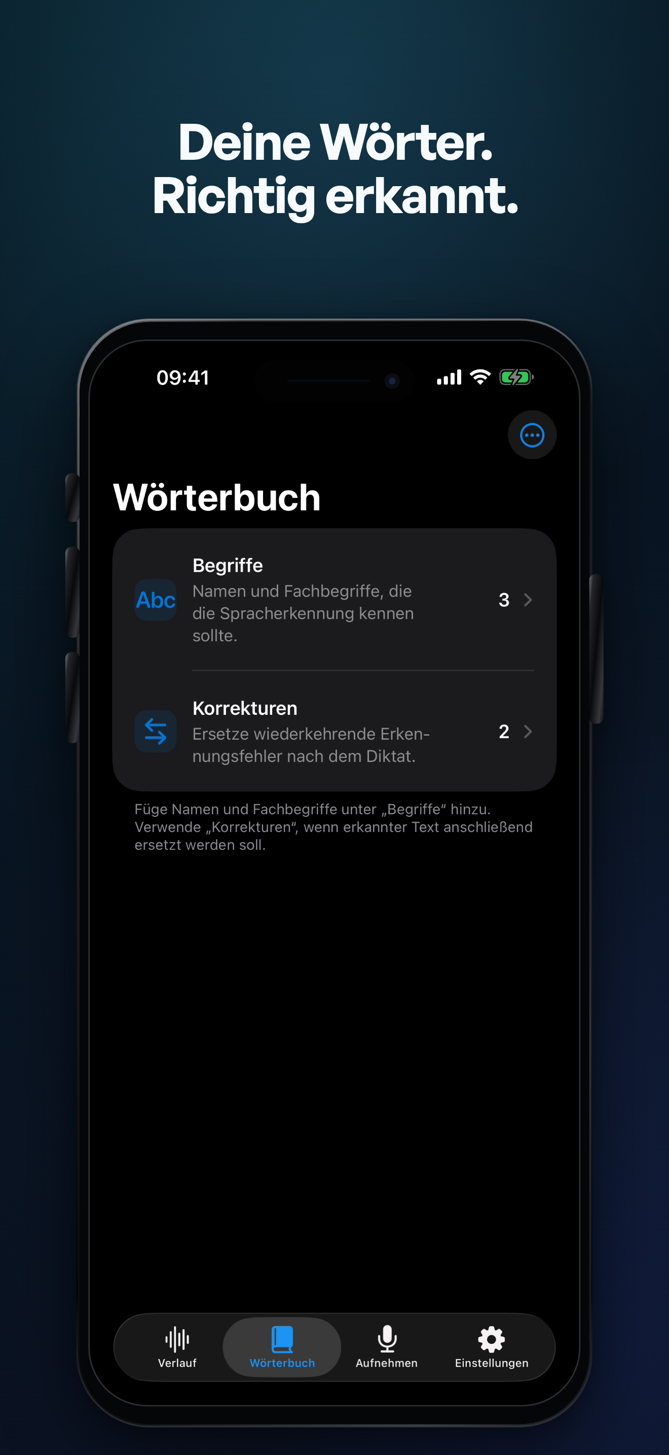 TypeWhisper-Wörterbuch und Korrektur-Lernen auf dem iPhone
