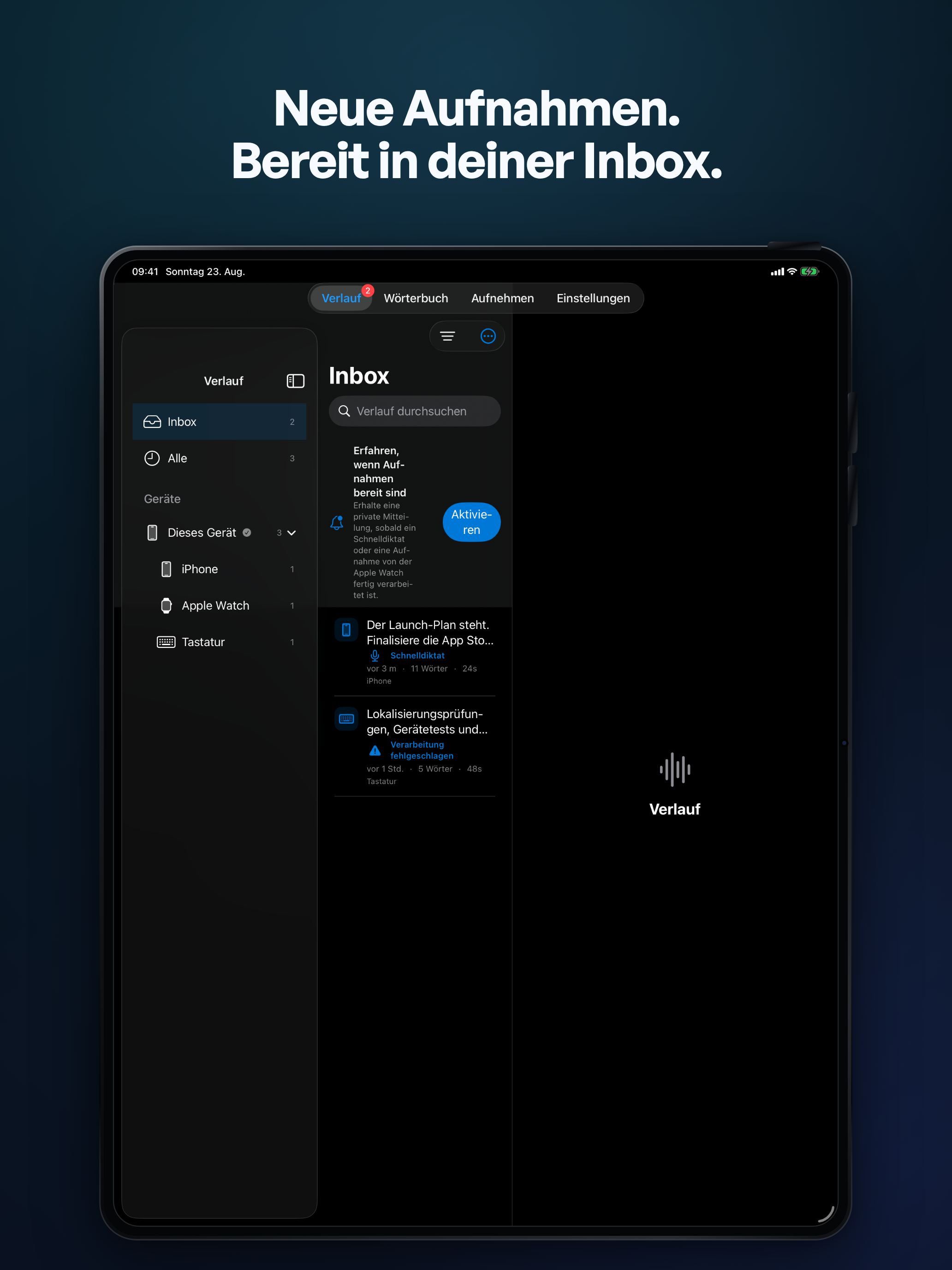 TypeWhisper Capture Inbox und Gerätefilter auf dem iPad