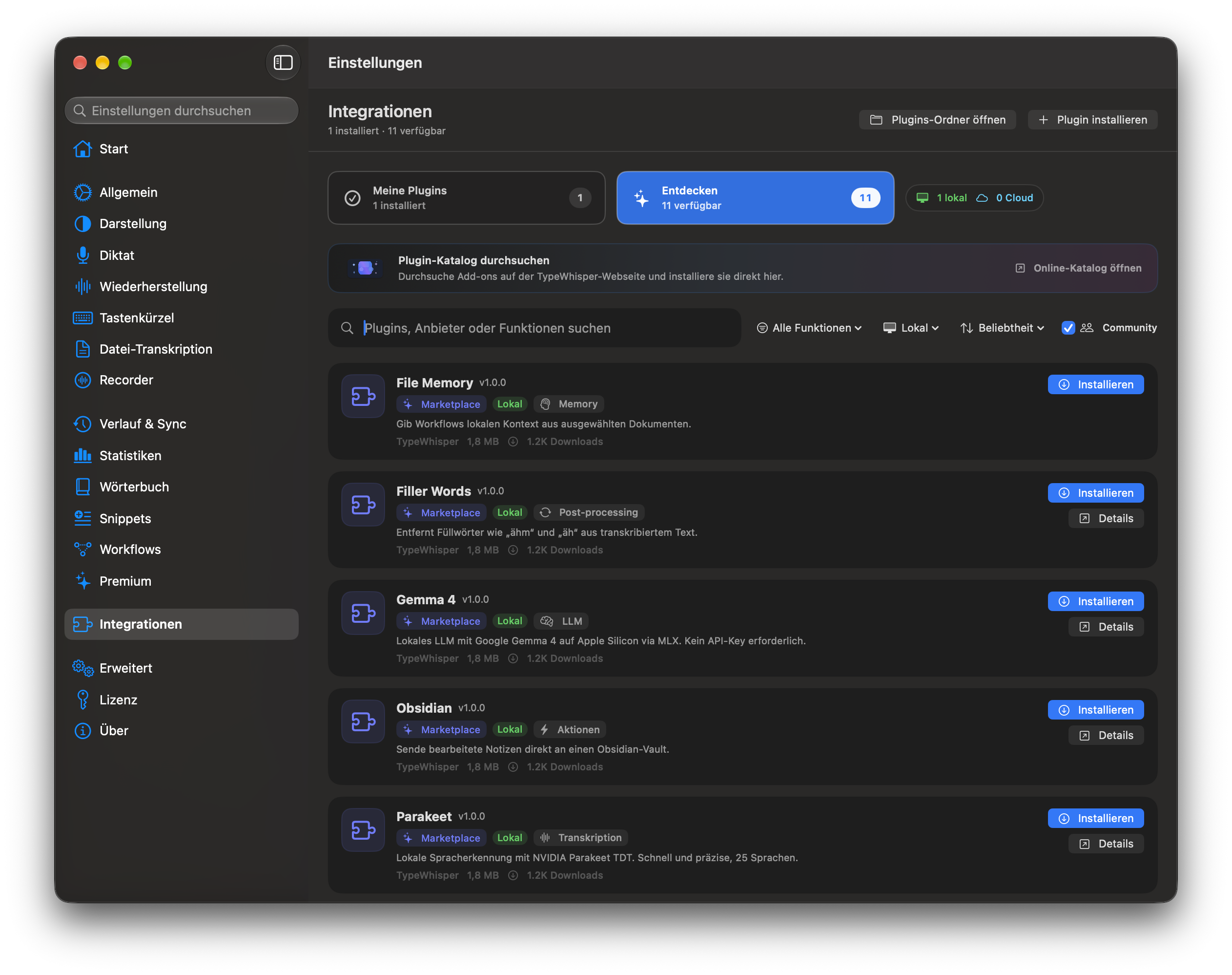 Einstellungen, Integrationen, Entdecken: gefiltert auf Add-ons, die lokal auf deinem Mac laufen