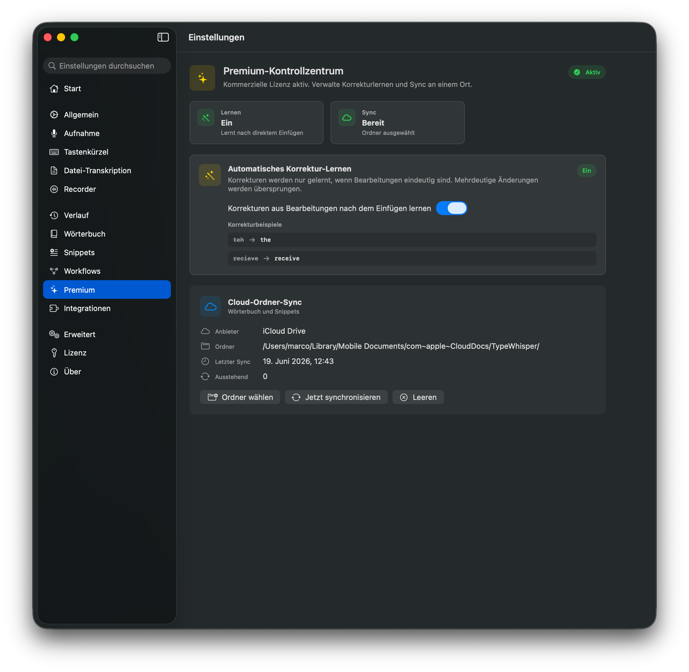 TypeWhisper Premium-Einstellungen mit Korrektur-Lernen und Cloud-Ordner-Sync