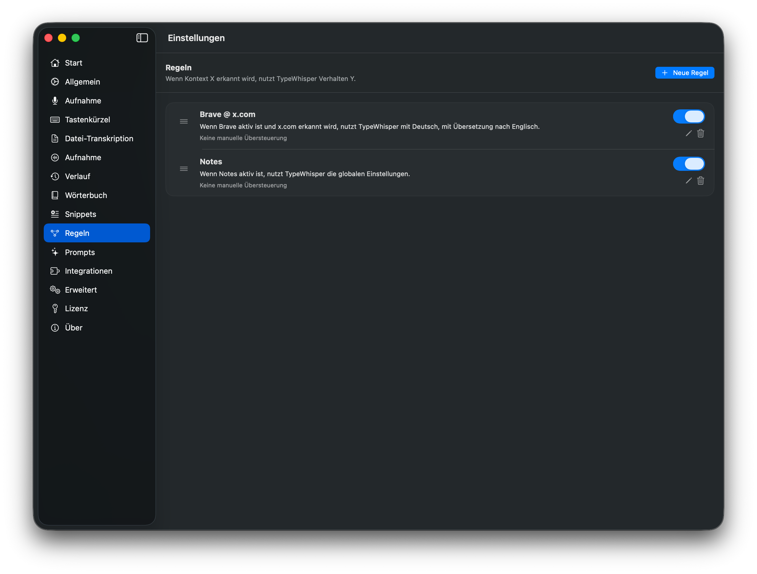 TypeWhisper-Regel-Konfiguration in der macOS-App