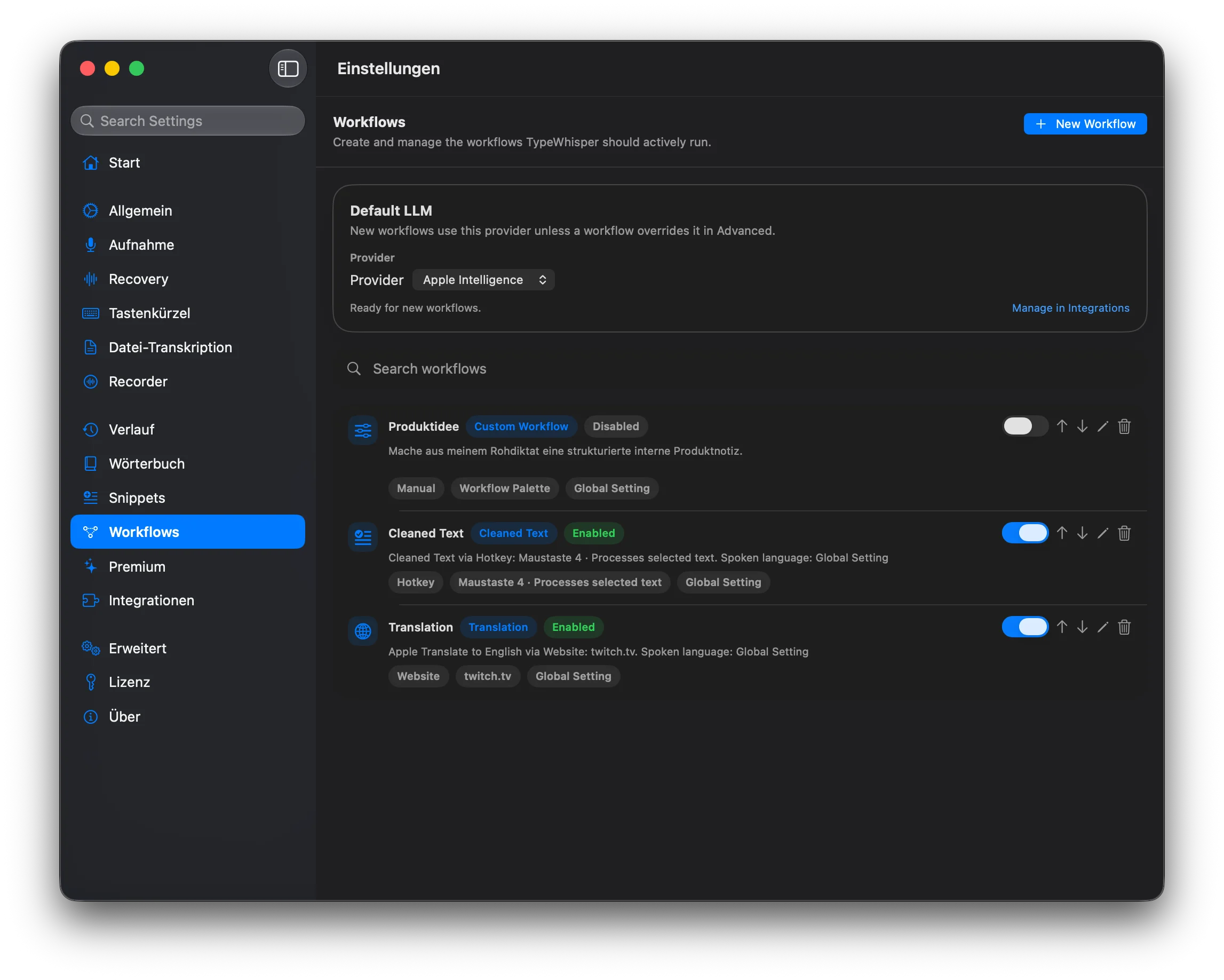 TypeWhisper-Workflows unter macOS 1.6