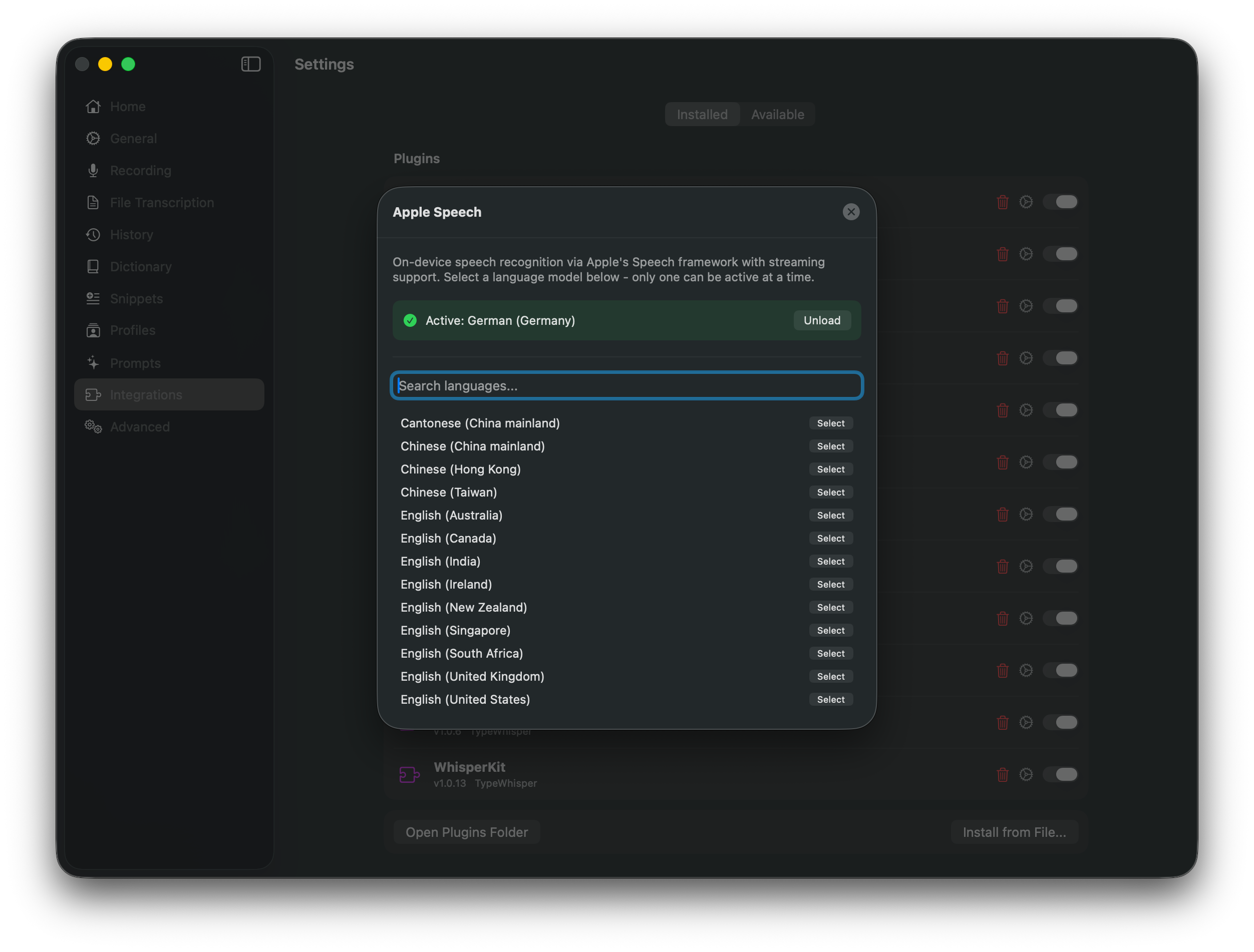 Apple Speech settings