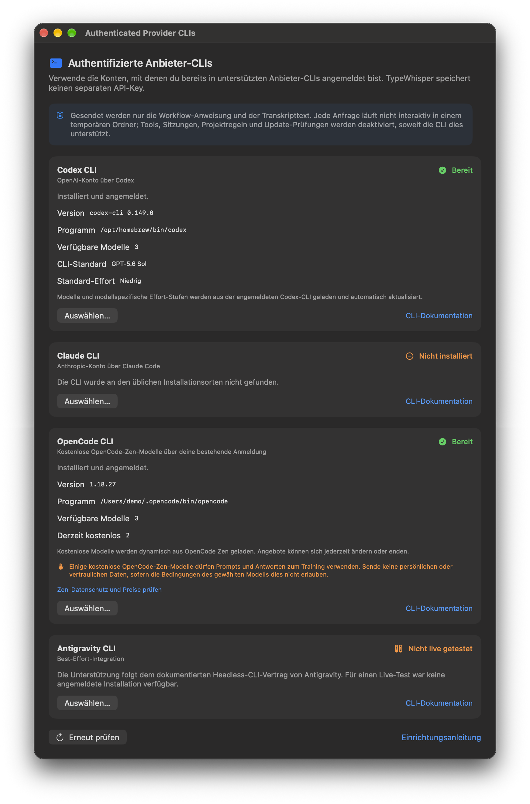 Einstellungen für authentifizierte Provider-CLIs mit OpenCode Zen in TypeWhisper für macOS