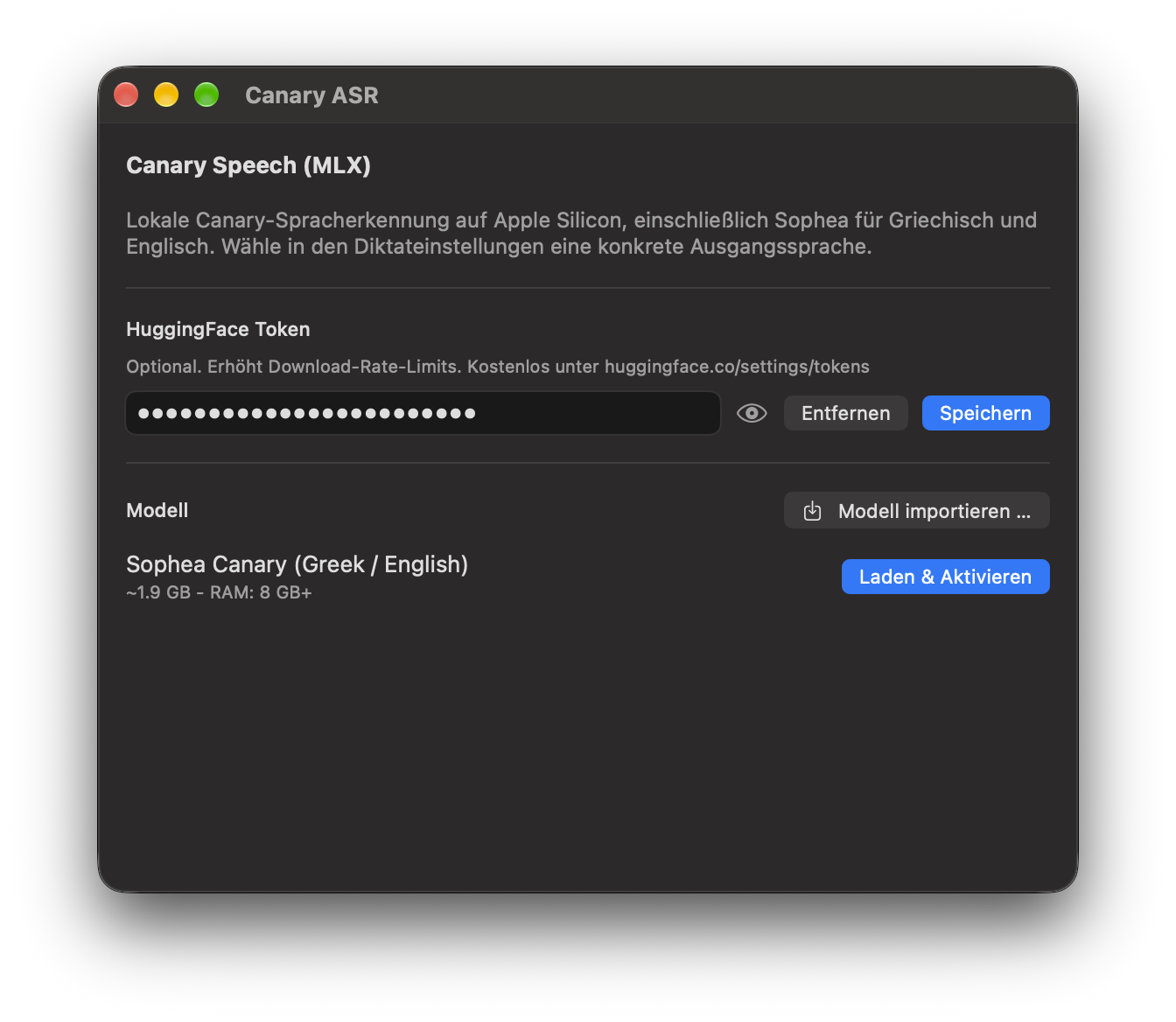 Einstellungen von Canary ASR in TypeWhisper für macOS: ein Feld für das optionale Hugging-Face-Token und das Modell Sophea Canary mit der Schaltfläche „Laden & Aktivieren“
