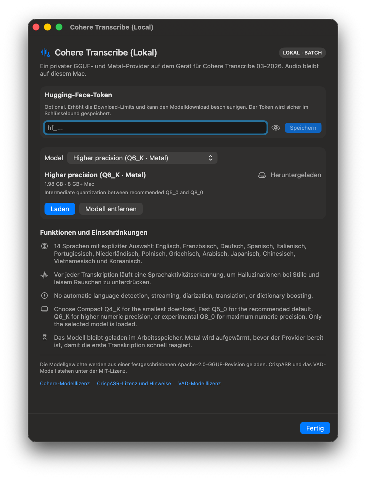 Cohere Transcribe (Local) Einstellungen