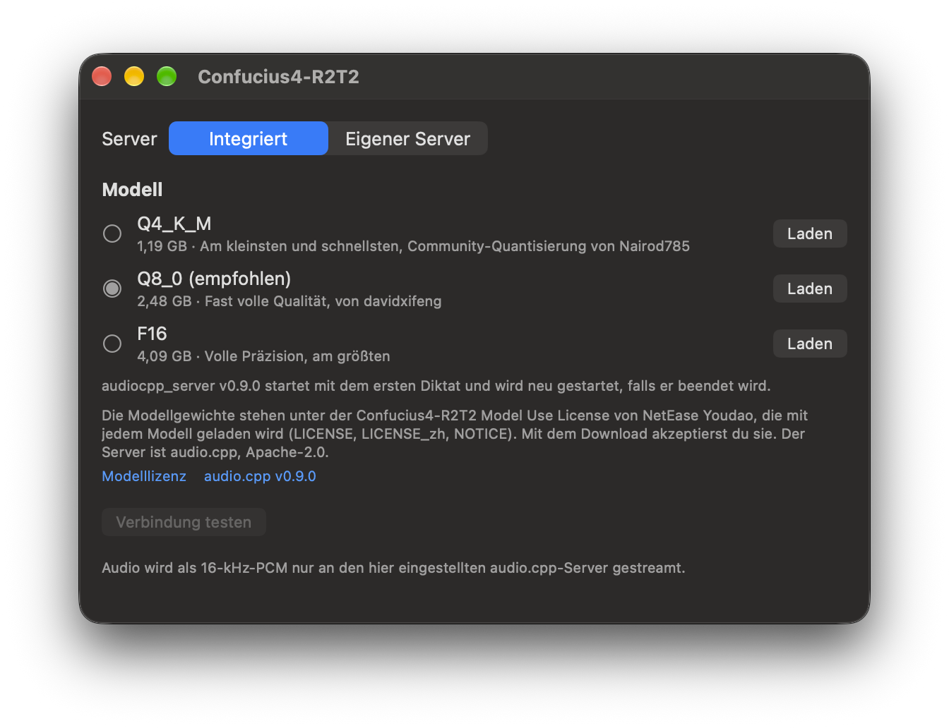 Einstellungen von Confucius4-R2T2 in TypeWhisper für macOS