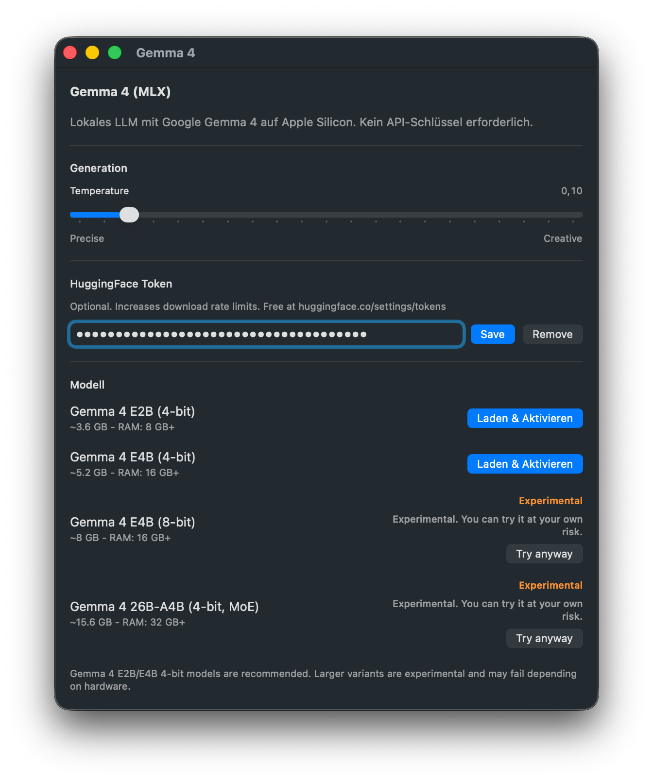 Gemma 4 Einstellungen