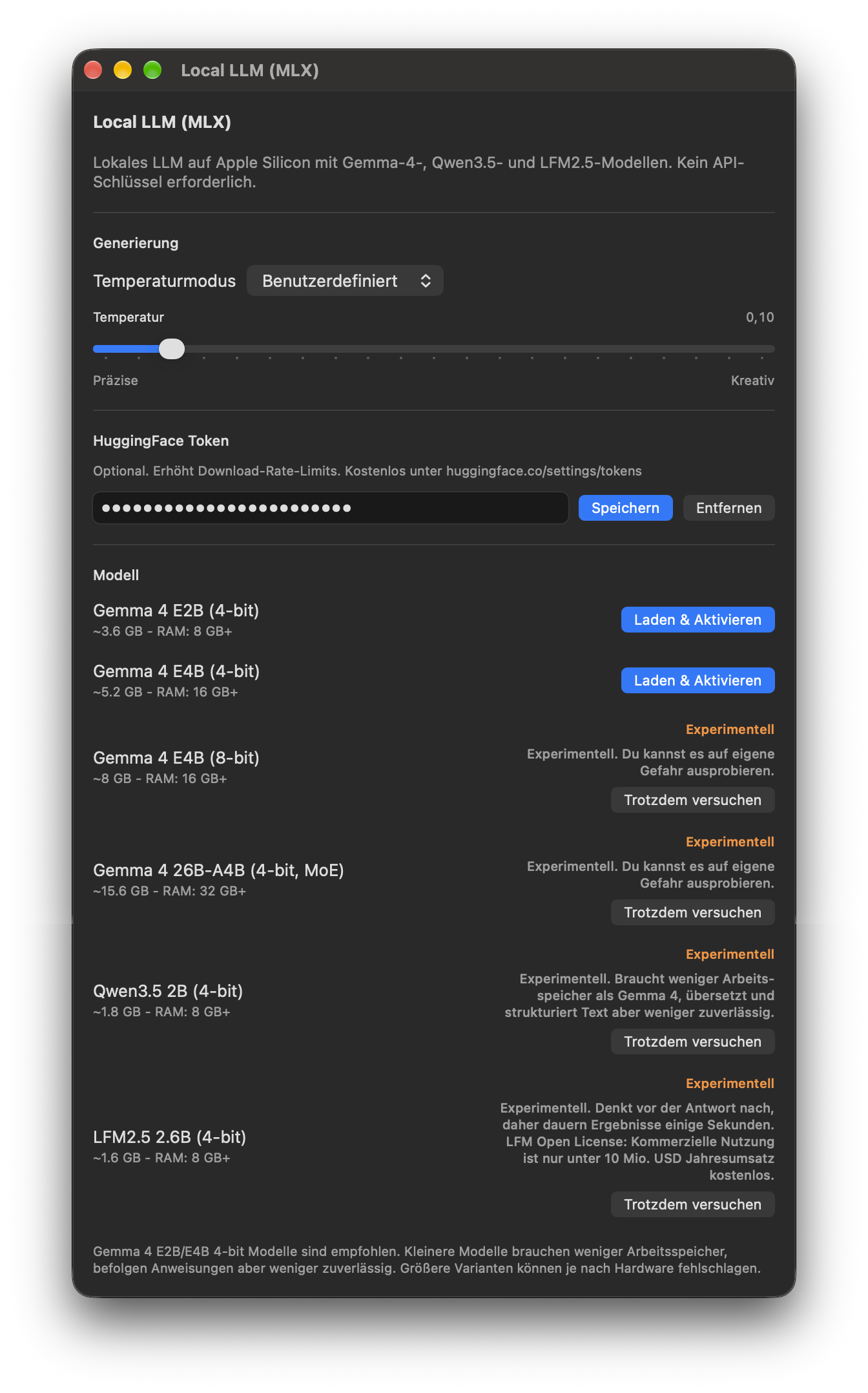Einstellungen von Local LLM (MLX) in TypeWhisper für macOS
