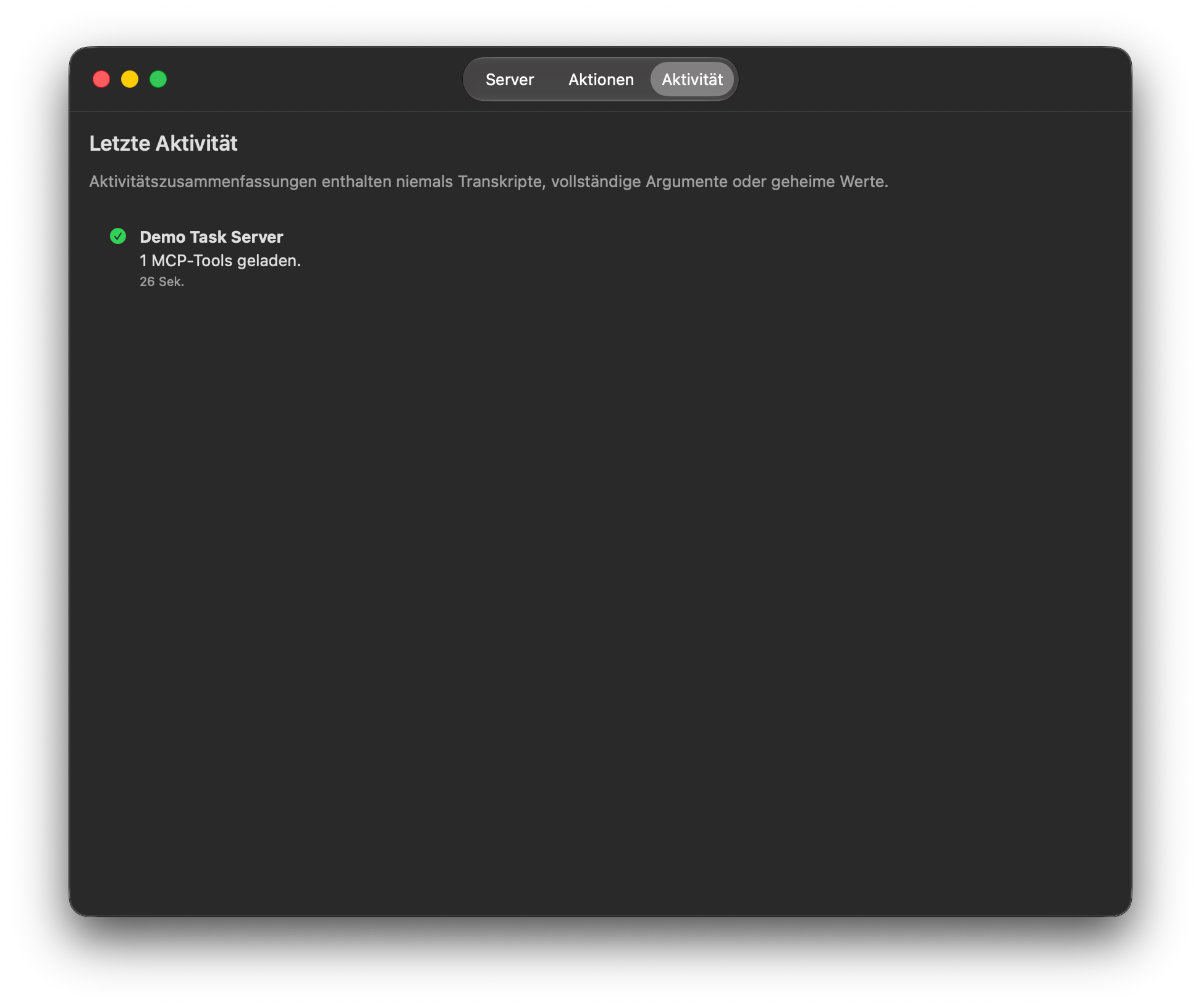 MCP-Client-Aktivitätsliste mit einer erfolgreichen Tool-Erkennung