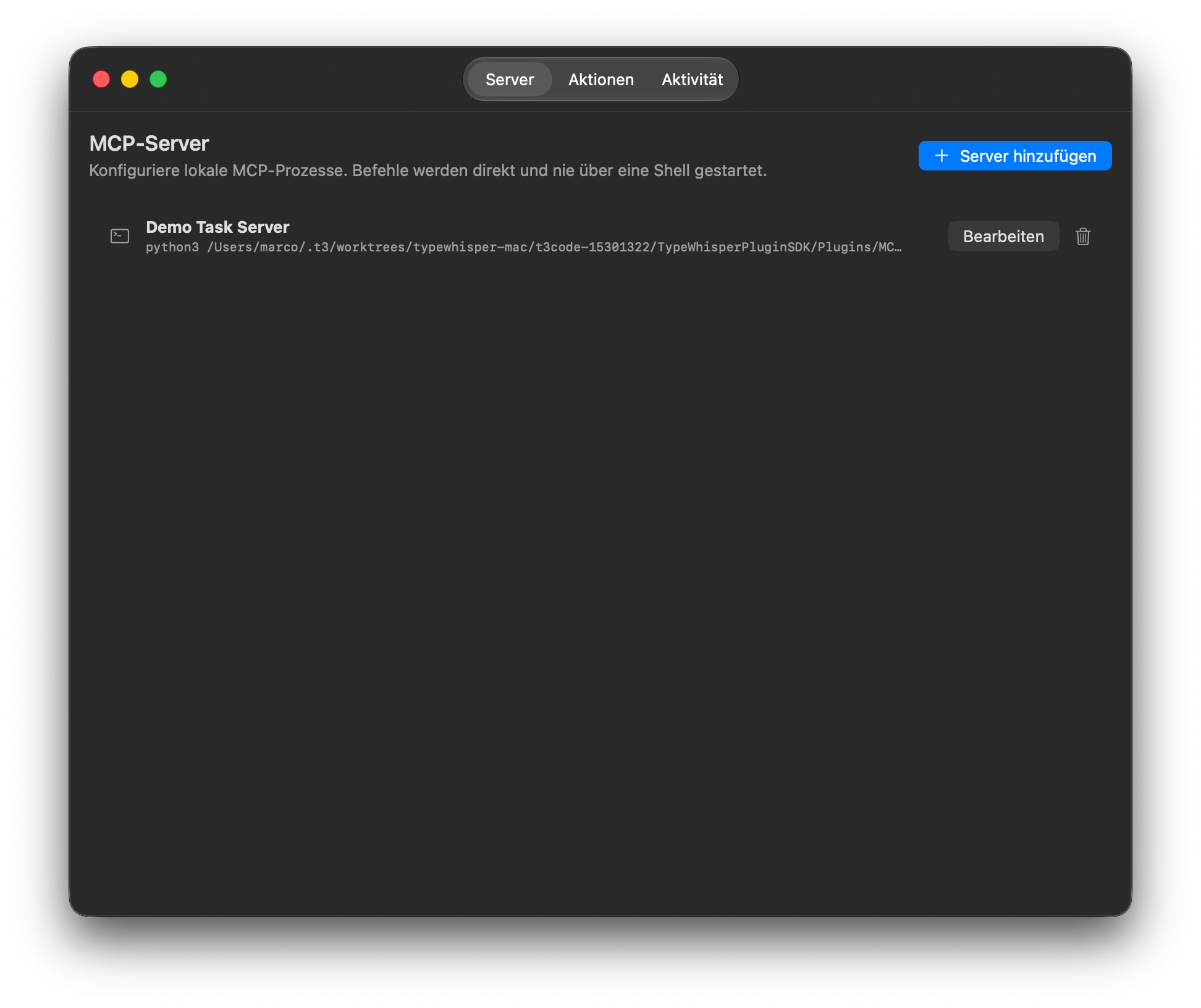 MCP-Client-Serverliste mit einem konfigurierten lokalen Task-Server