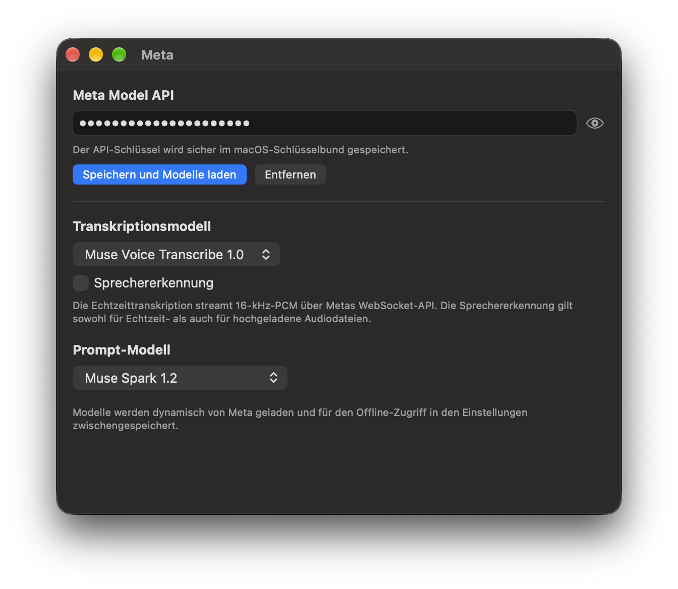Meta-Einstellungen in TypeWhisper für macOS