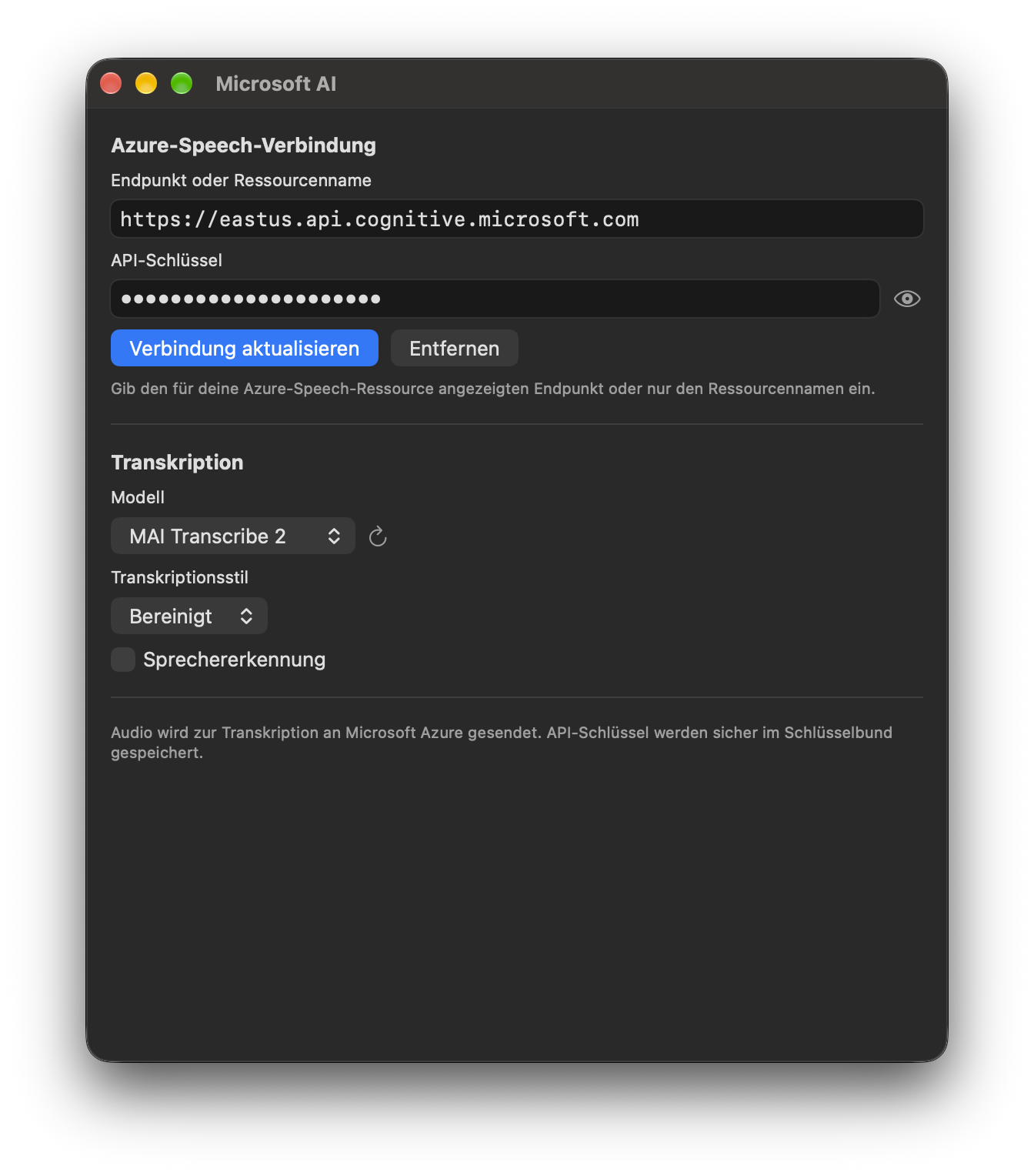 Microsoft-AI-Einstellungen in TypeWhisper für macOS