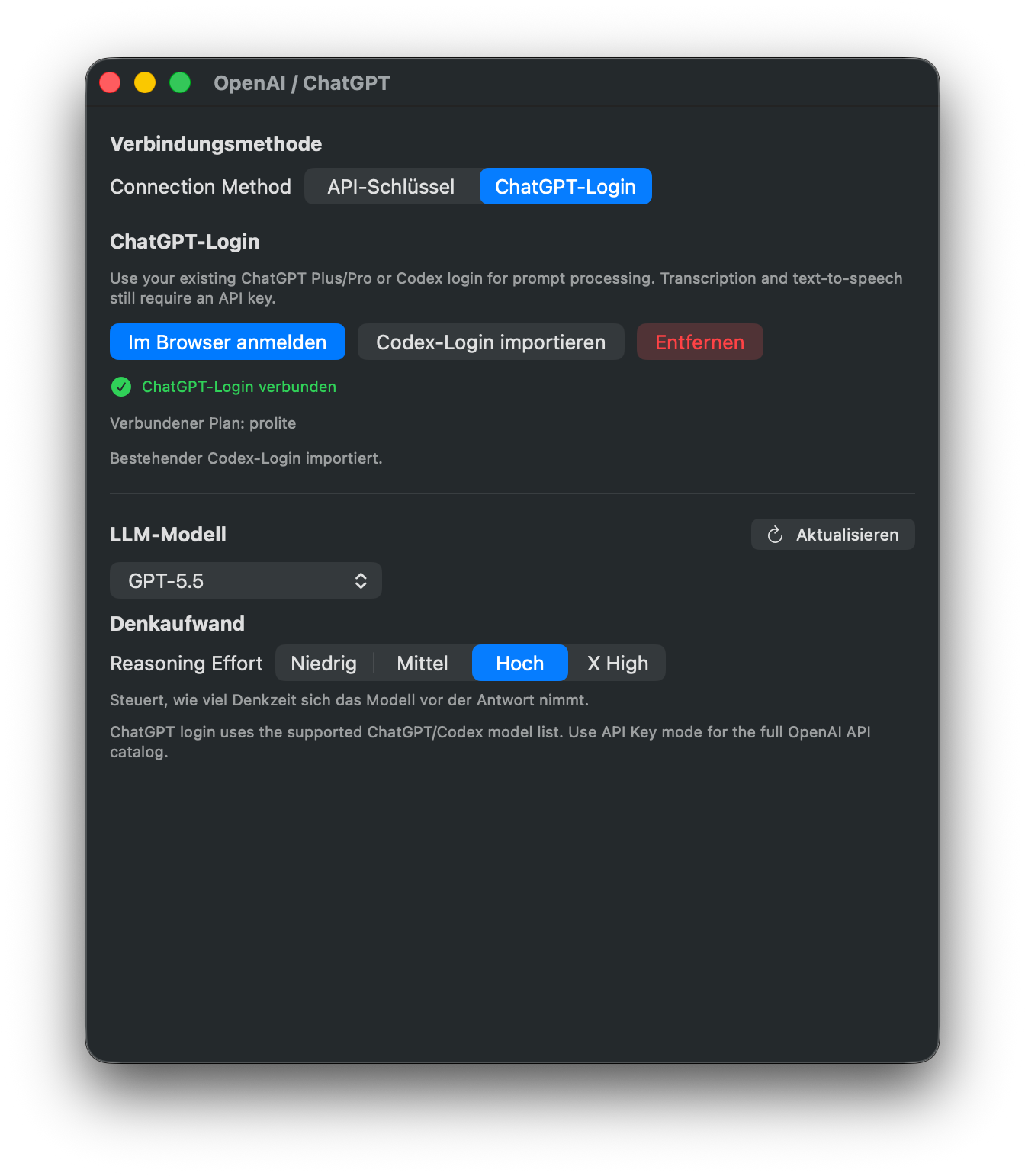 OpenAI / ChatGPT Einstellungen im ChatGPT-Login-Modus