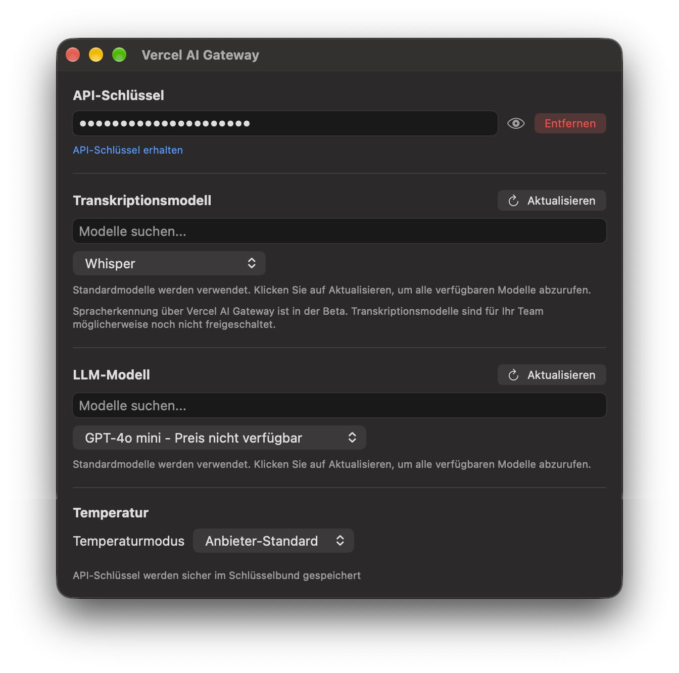 Einstellungen von Vercel AI Gateway in TypeWhisper für macOS