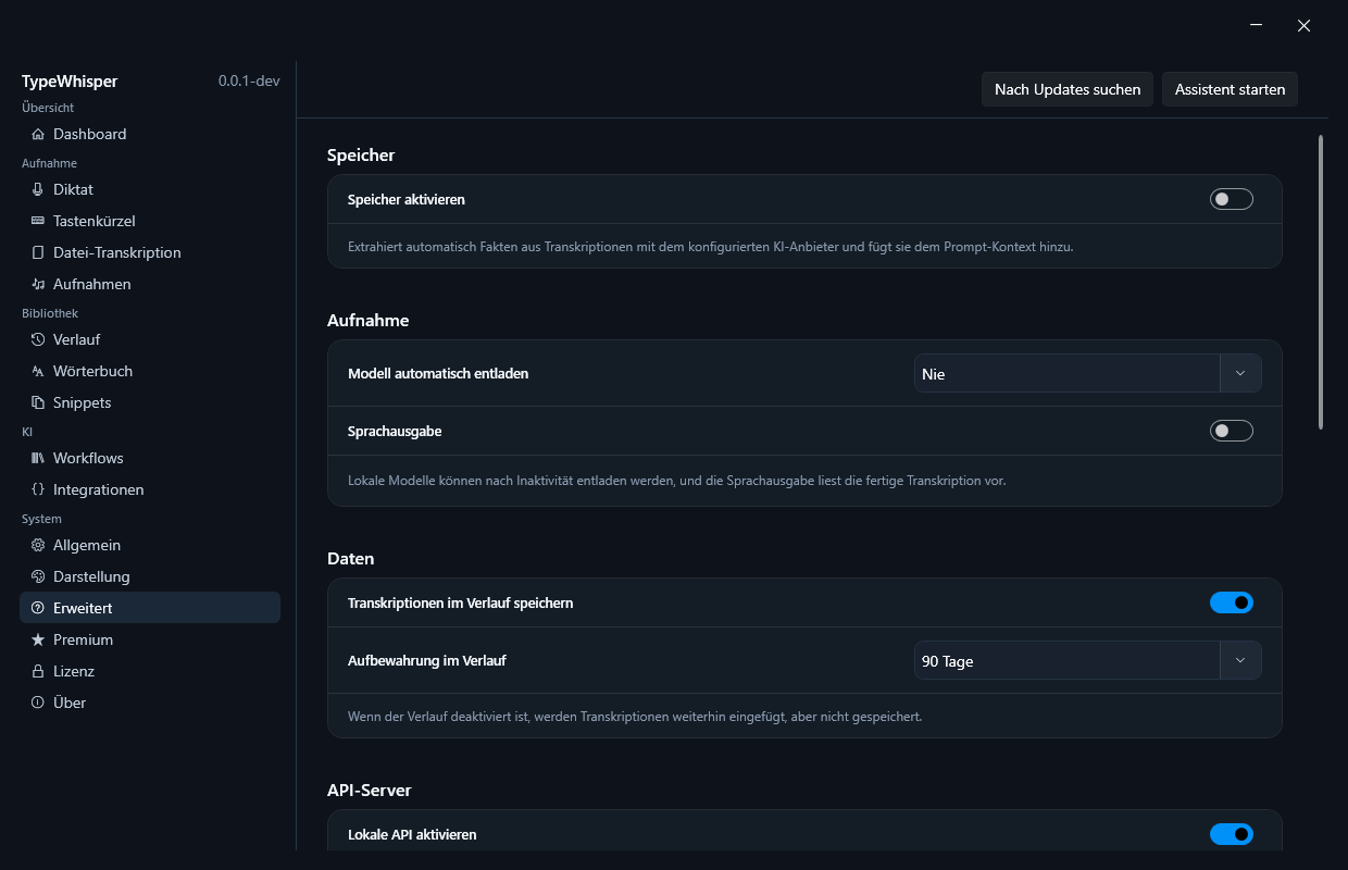 API-Server-Einstellungen im Bereich Erweitert