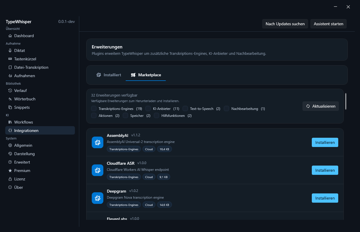 Marketplace für TypeWhisper-Erweiterungen unter Windows