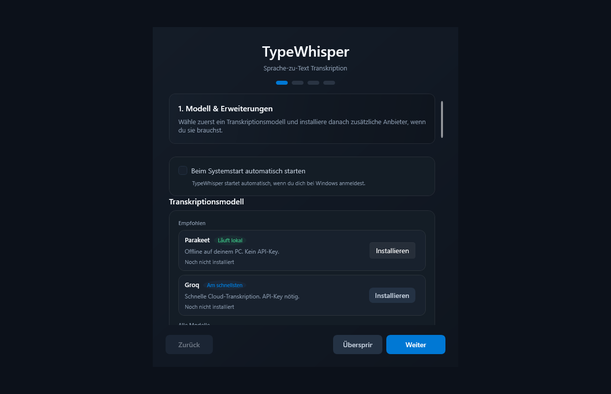 Vierstufiges TypeWhisper-Onboarding unter Windows