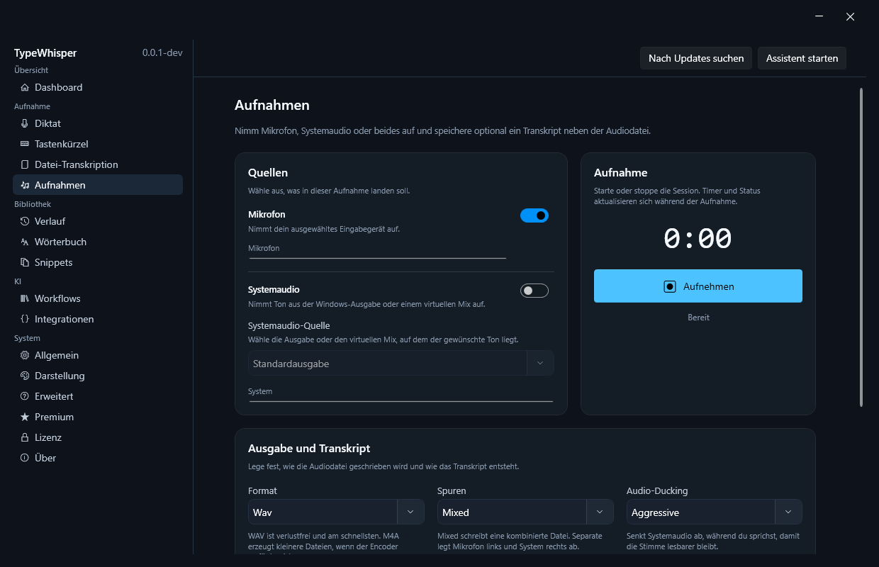 Recorder für Mikrofon und Systemaudio in TypeWhisper