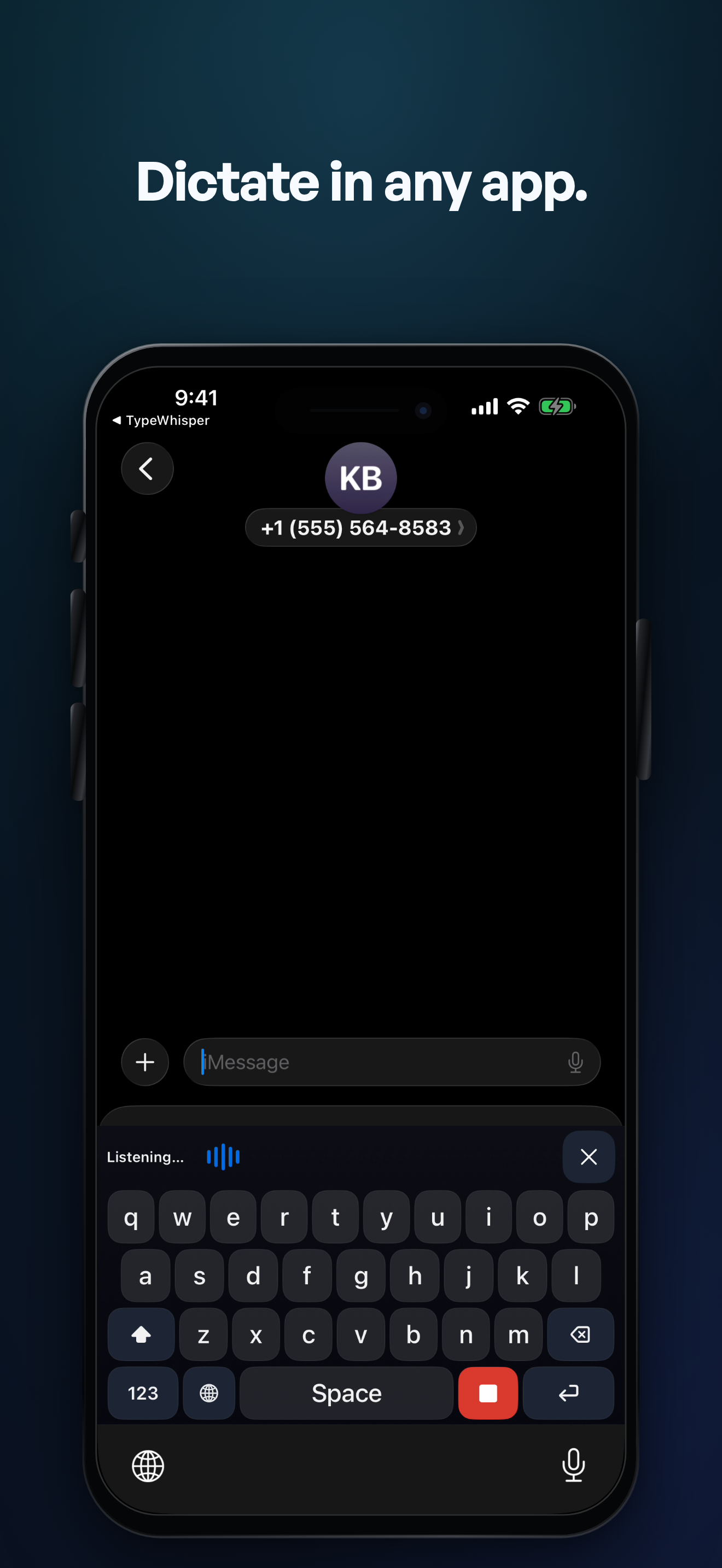 TypeWhisper voice keyboard in an iPhone text field