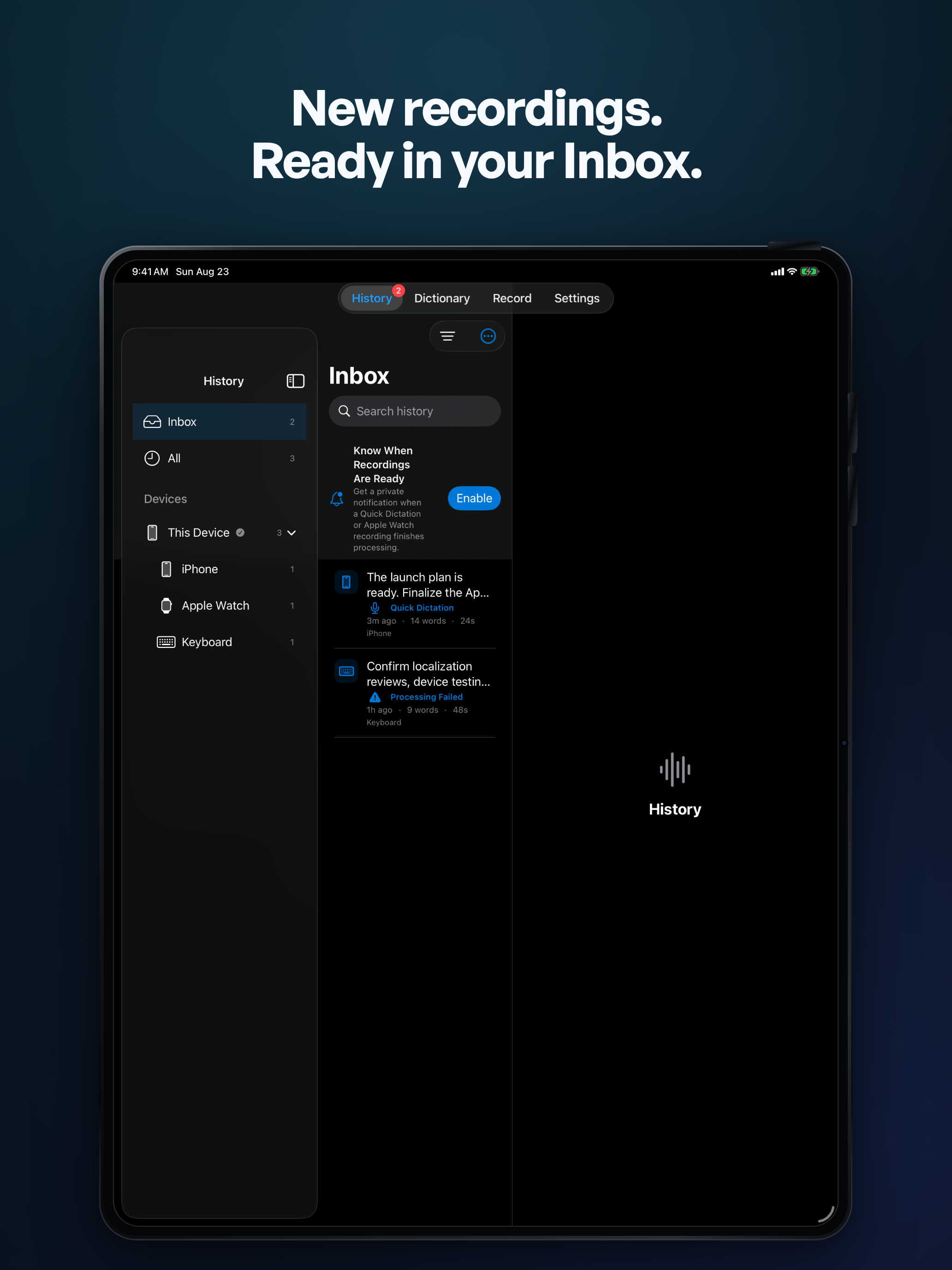 TypeWhisper Capture Inbox and device filters on iPad