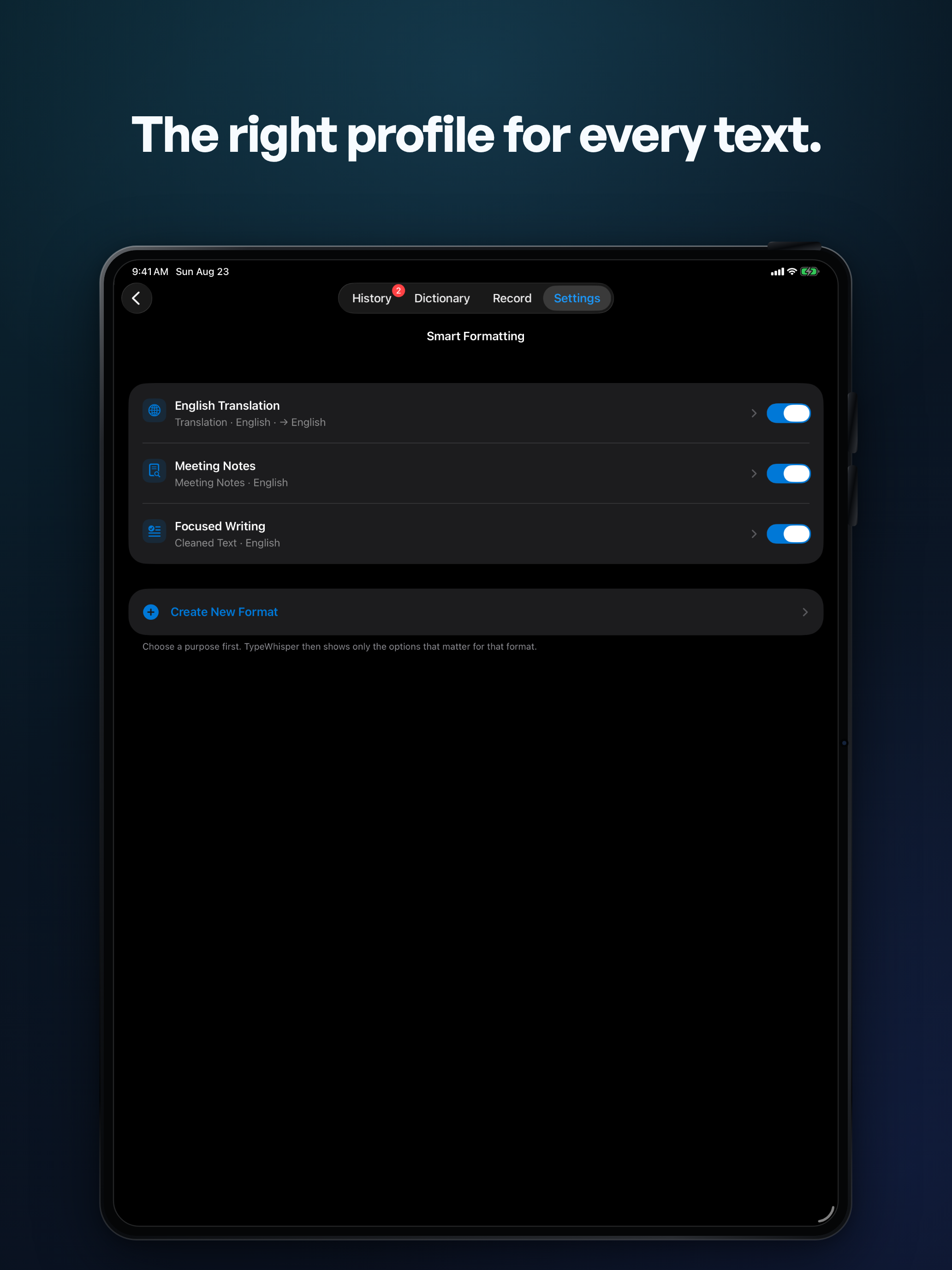 TypeWhisper profile settings on iPad