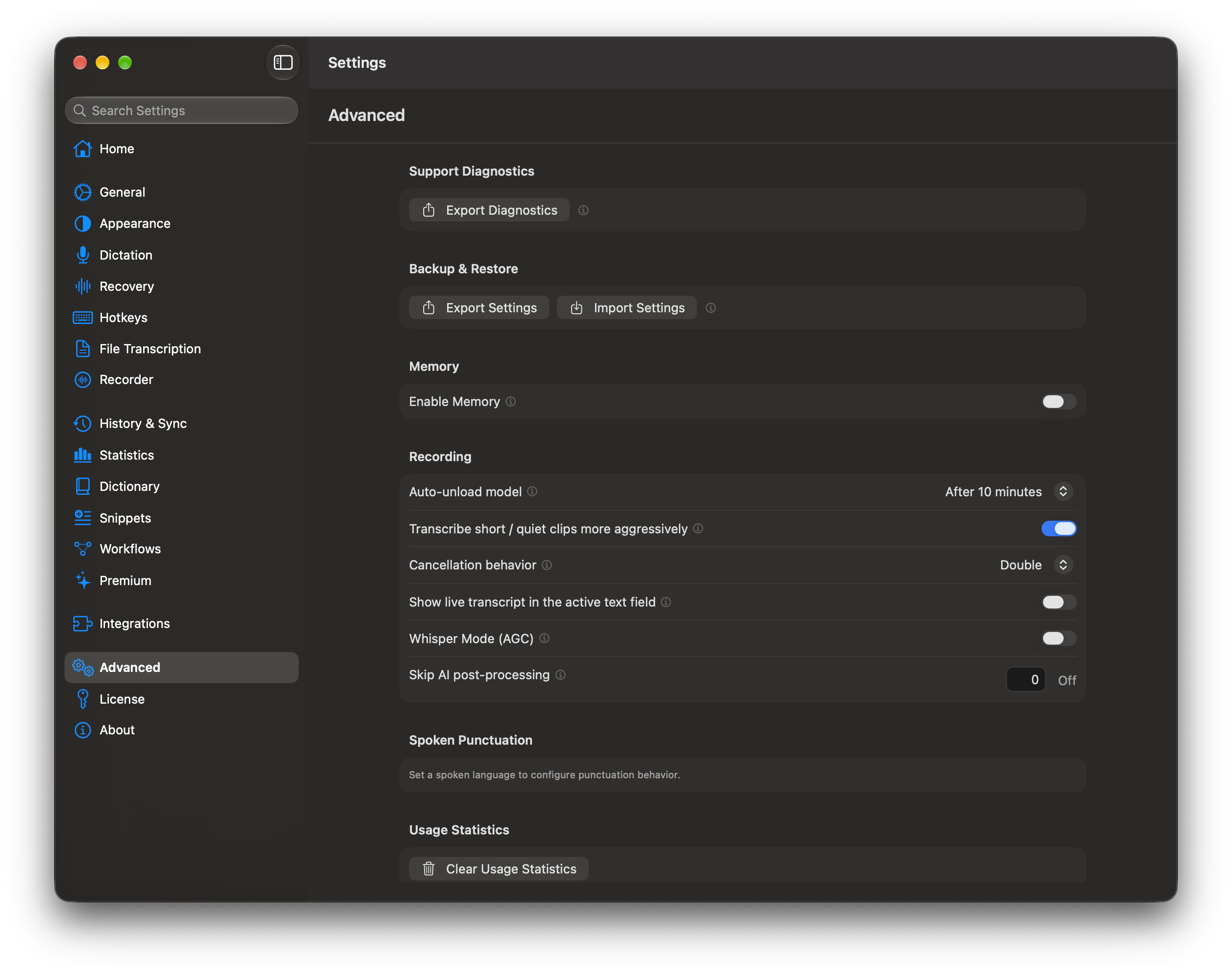Settings, Advanced: back up and restore settings, diagnostics, and recording options