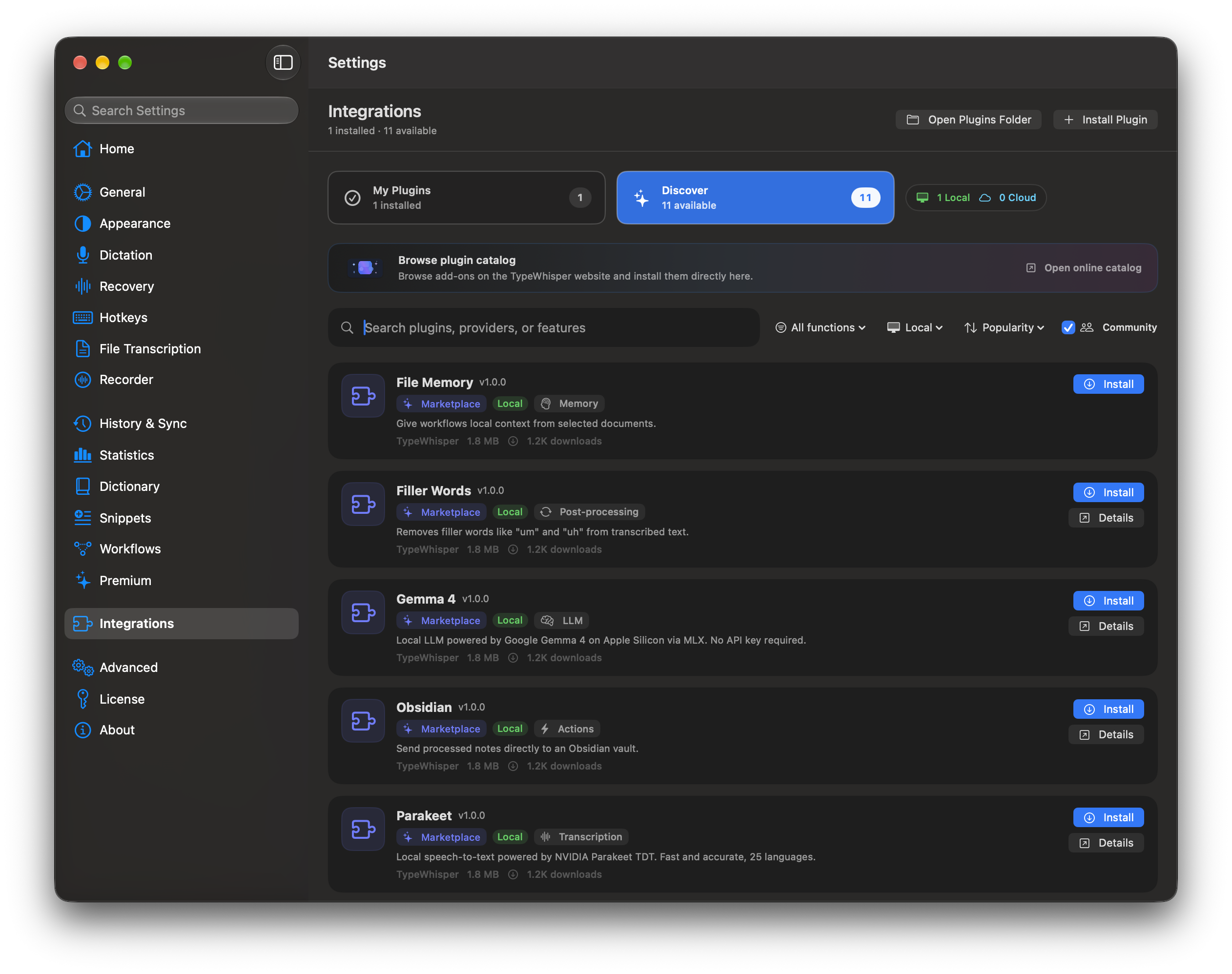 Settings, Integrations, Discover: filtered to add-ons that run locally on your Mac