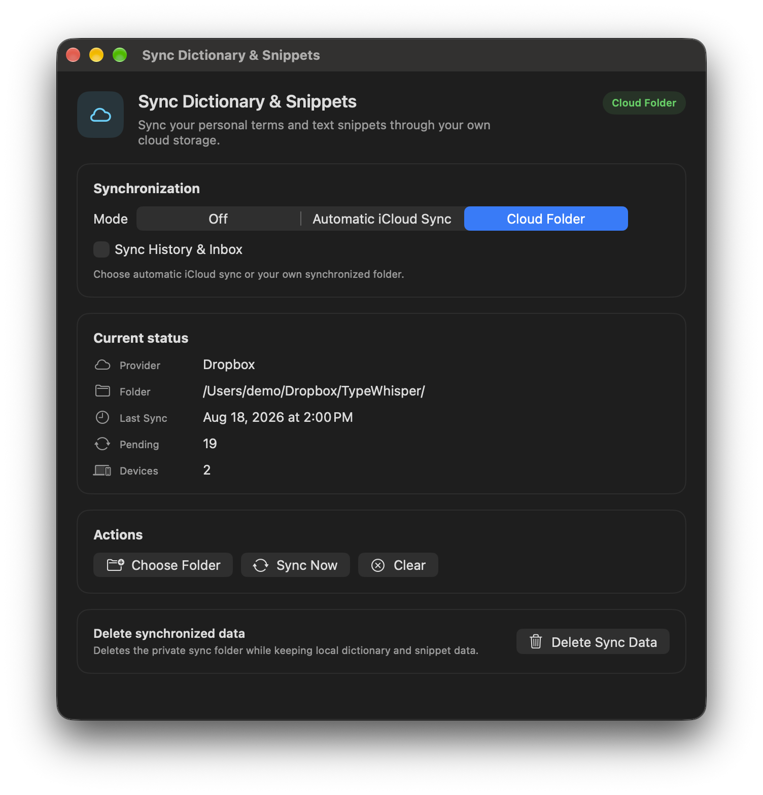 Sync Dictionary & Snippets: Cloud Folder mode with Dropbox as provider, folder, last sync, and devices