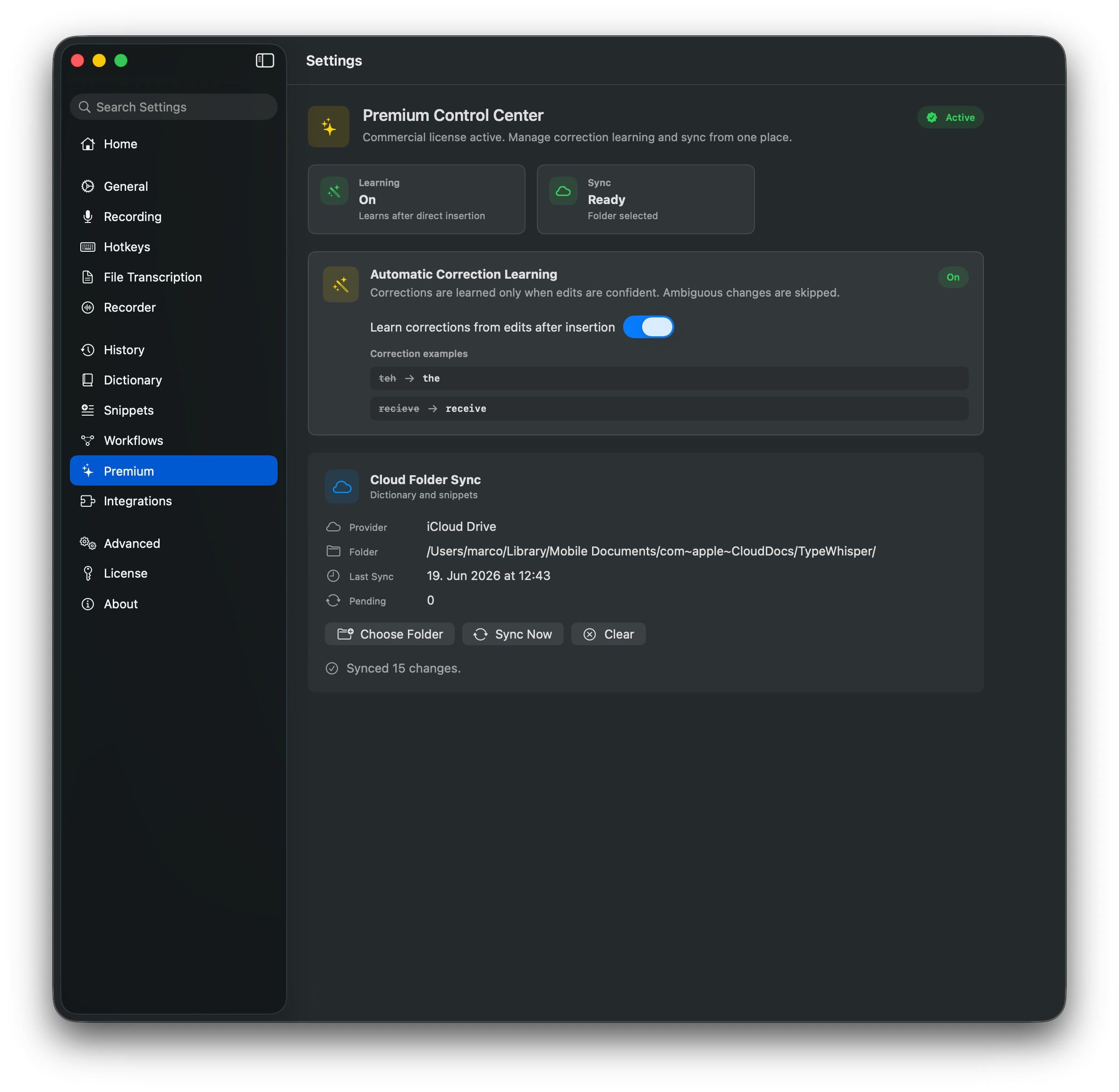 TypeWhisper Premium settings with correction learning and Cloud Folder Sync