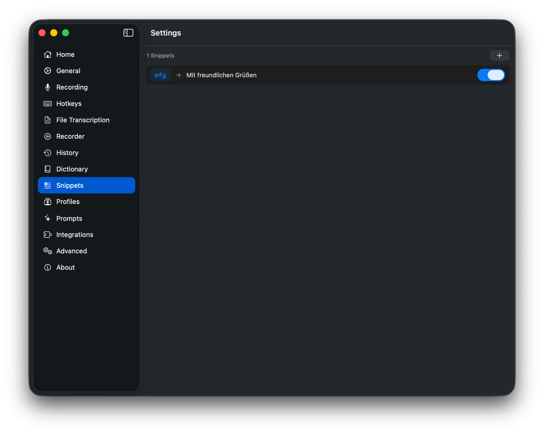 Snippets with trigger phrases and placeholders