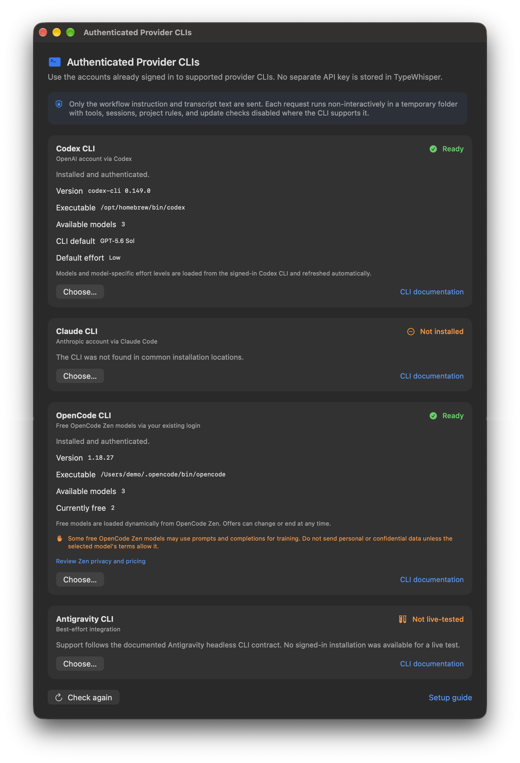 Authenticated Provider CLIs settings with OpenCode Zen in TypeWhisper for macOS
