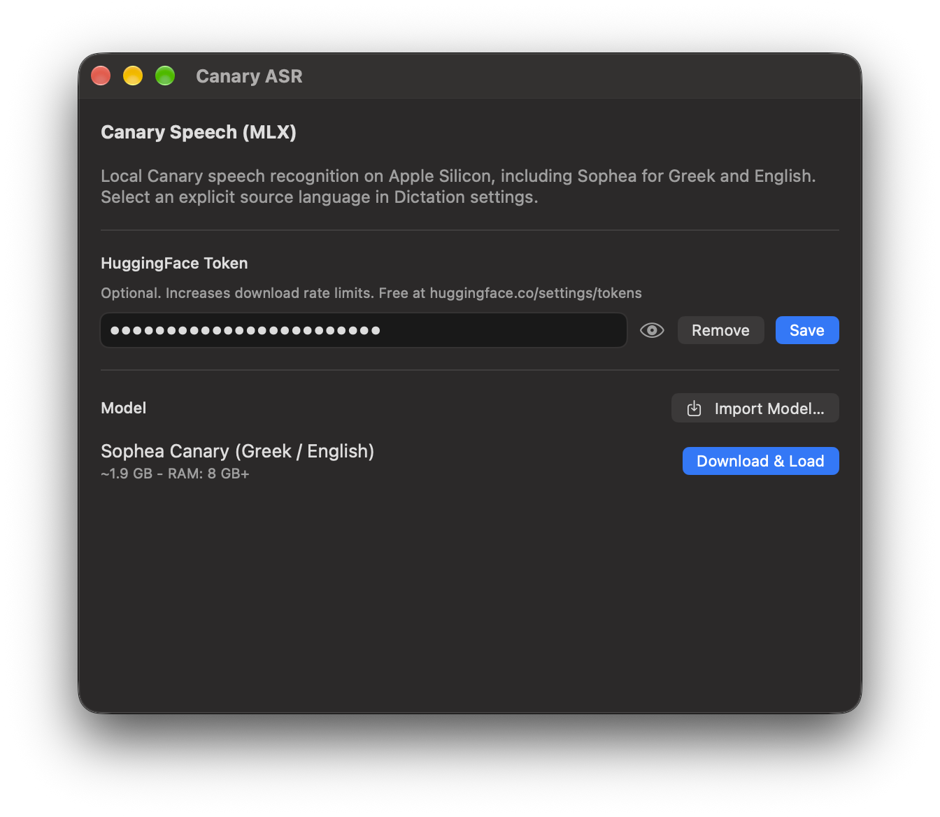 Canary ASR settings in TypeWhisper for macOS: a field for the optional Hugging Face token and the model Sophea Canary with a Download & Load button