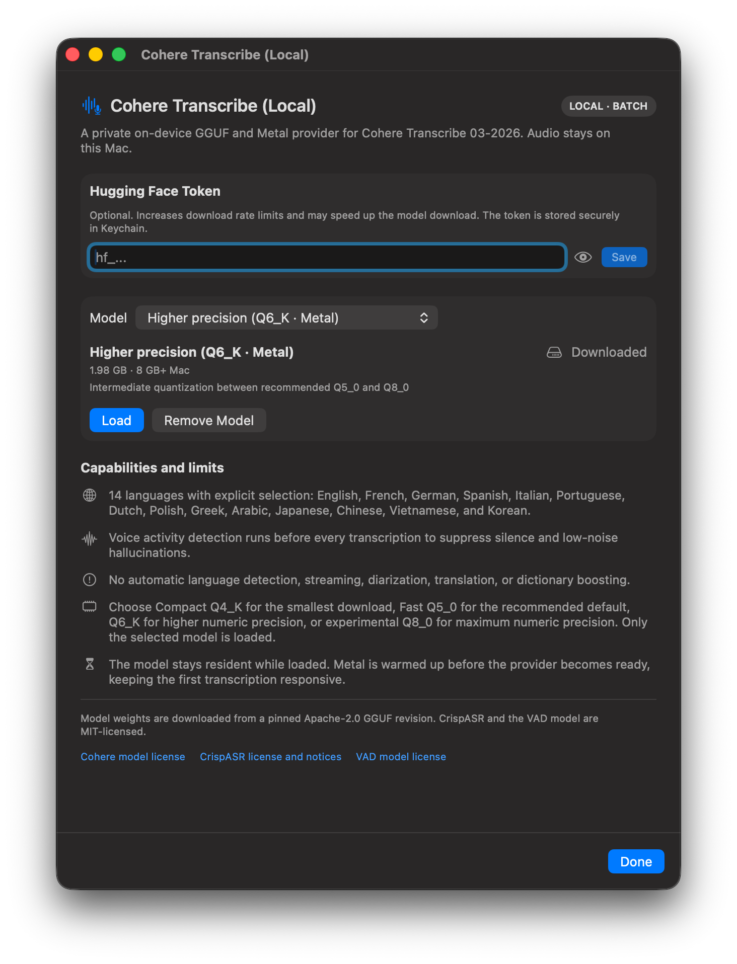 Cohere Transcribe (Local) settings