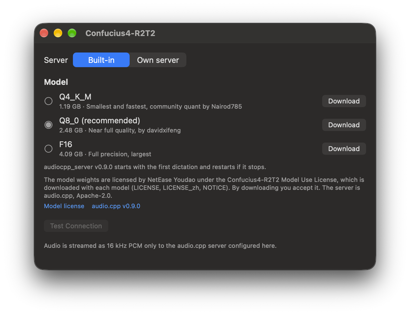 Confucius4-R2T2 settings in TypeWhisper for macOS