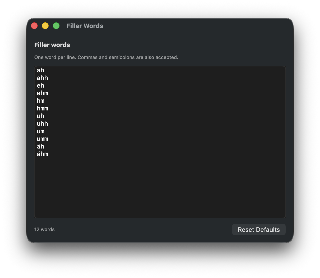 Filler Words settings