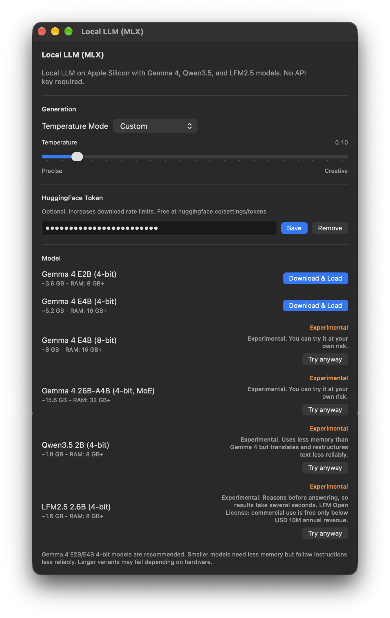 Local LLM (MLX) settings in TypeWhisper for macOS