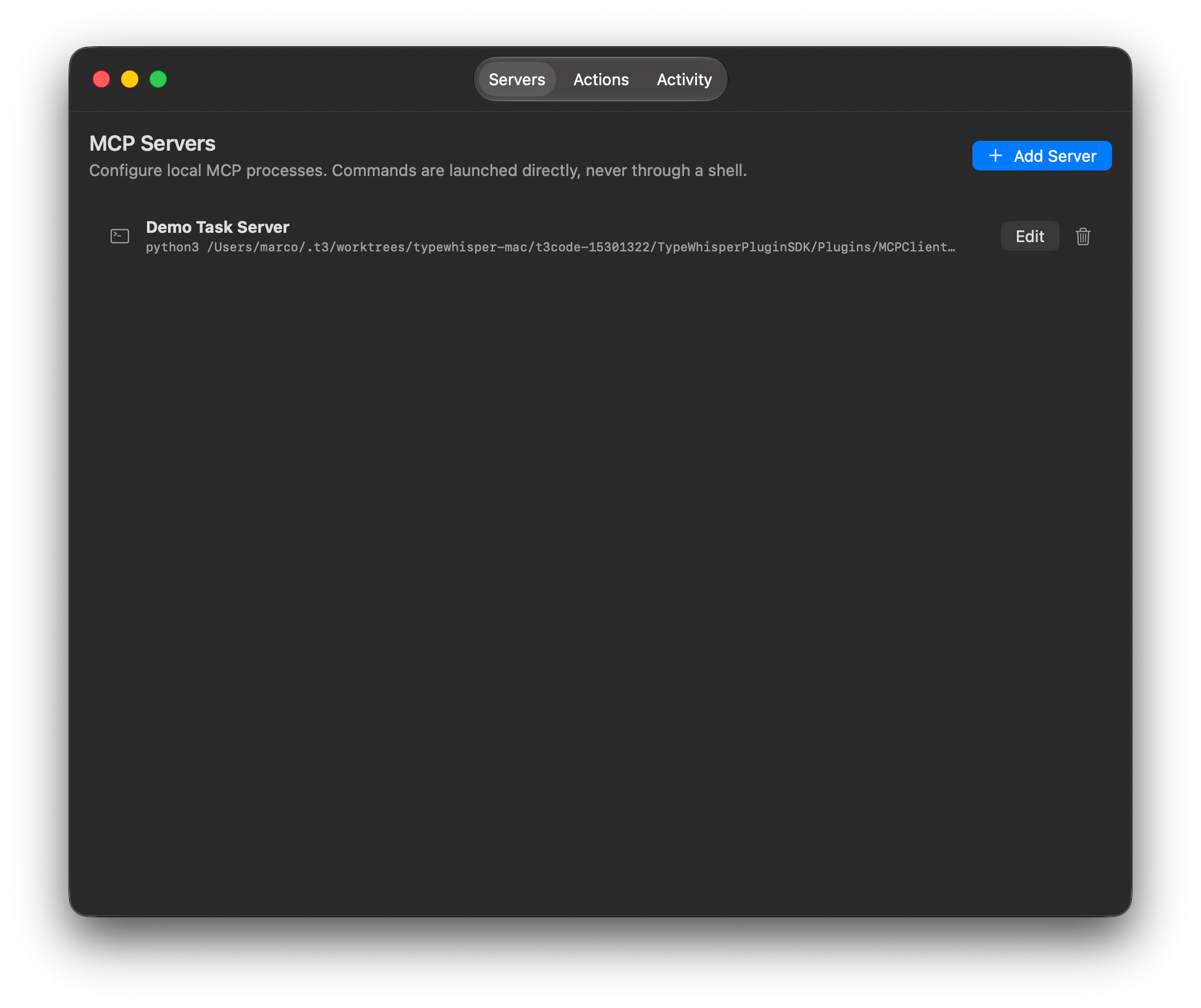 MCP Client server list with a configured local task server