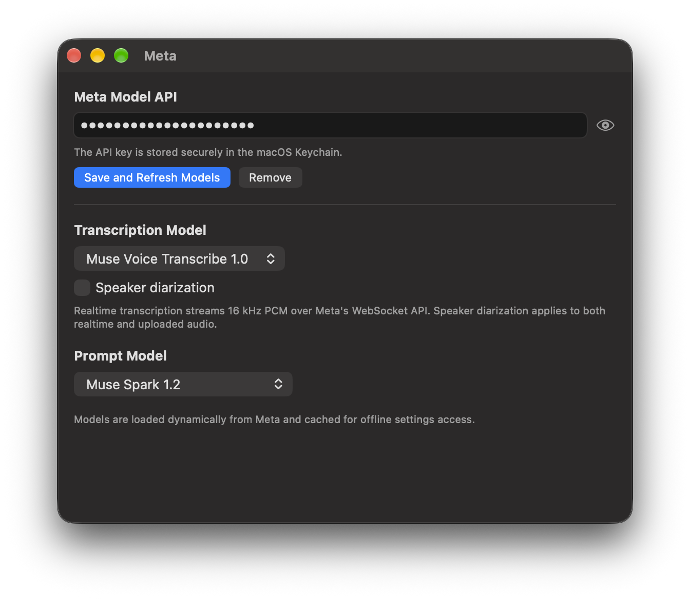 Meta settings in TypeWhisper for macOS