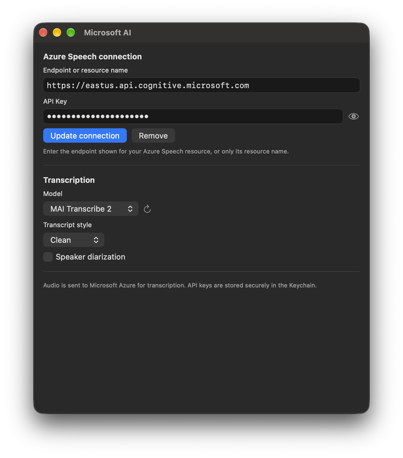 Microsoft AI settings in TypeWhisper for macOS