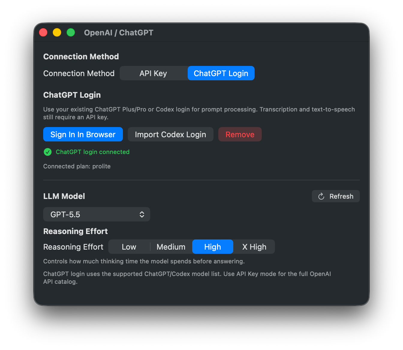 OpenAI / ChatGPT settings in ChatGPT Login mode