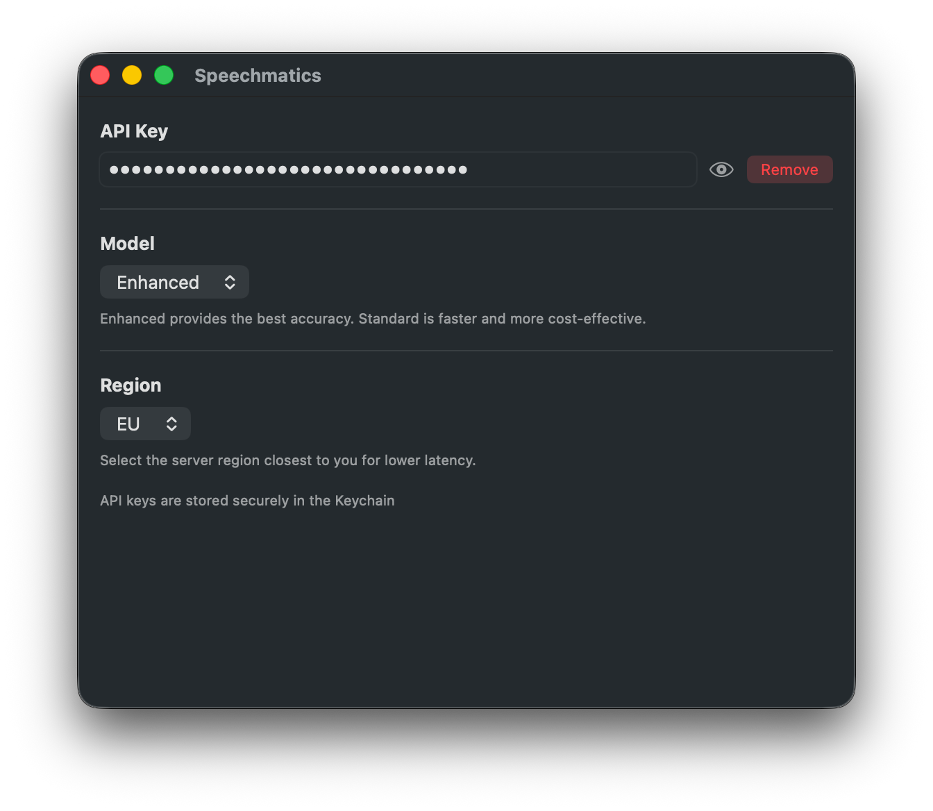Speechmatics settings