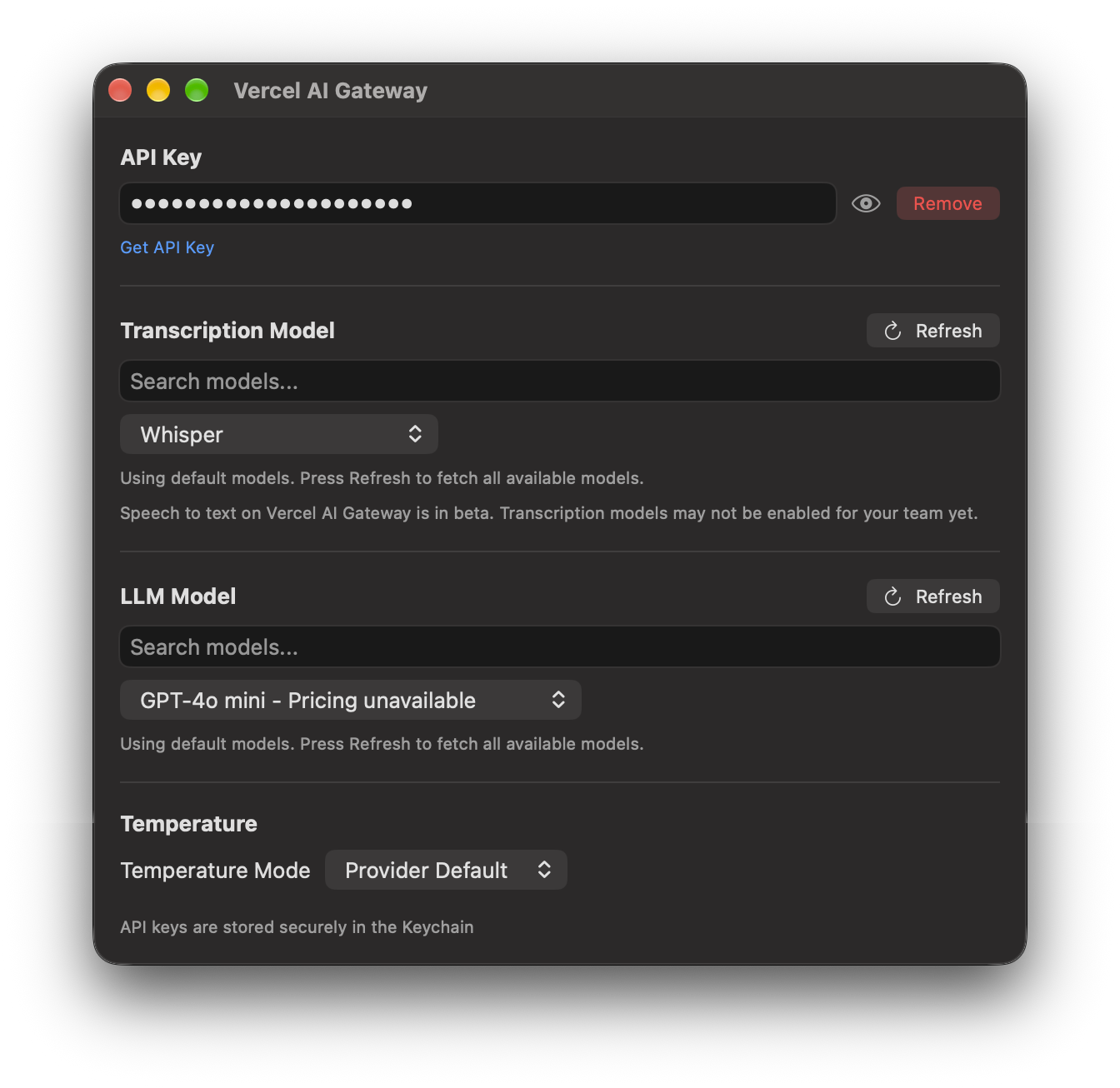 Vercel AI Gateway settings in TypeWhisper for macOS