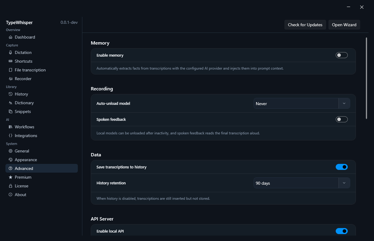 API server settings in the Advanced section