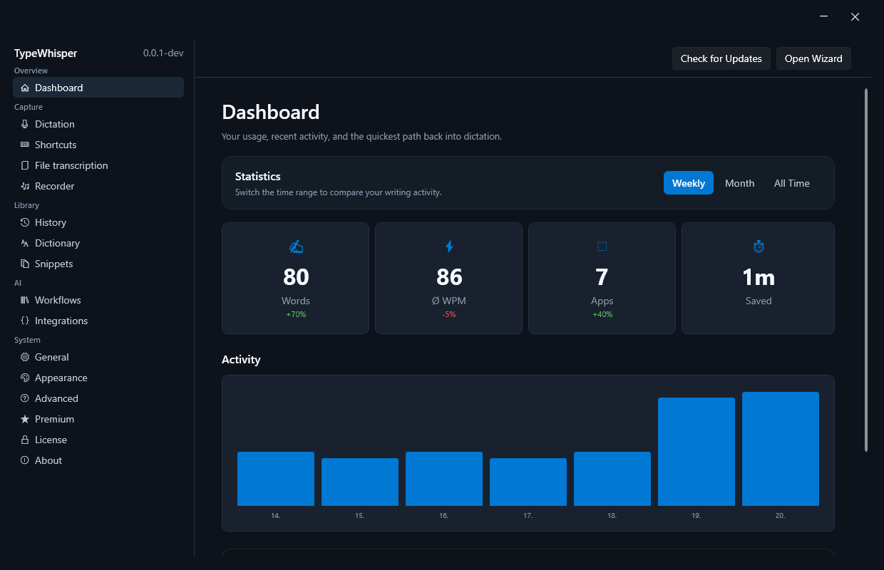 TypeWhisper dashboard on Windows