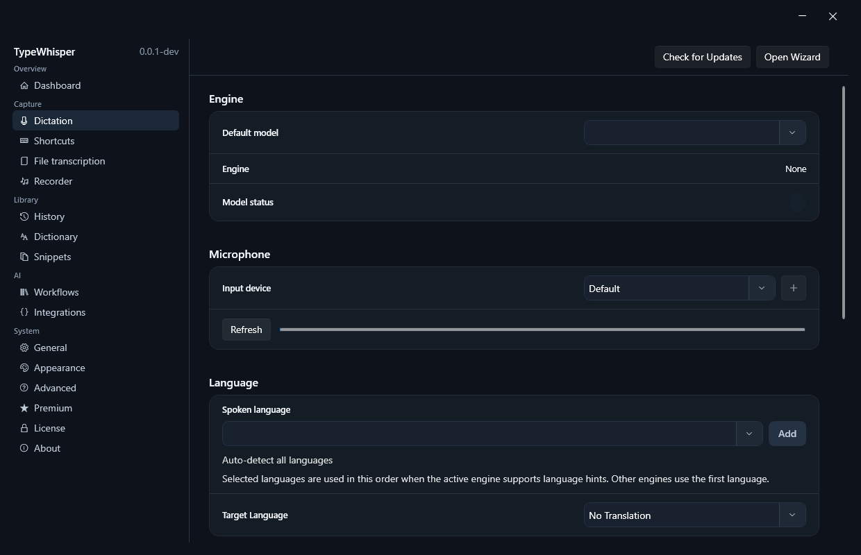 TypeWhisper dictation settings for Windows