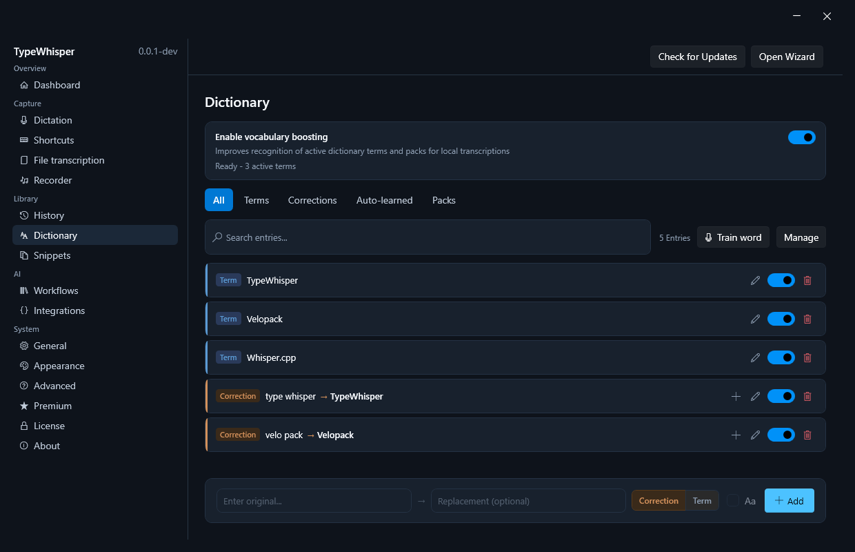 TypeWhisper dictionary with terms and corrections